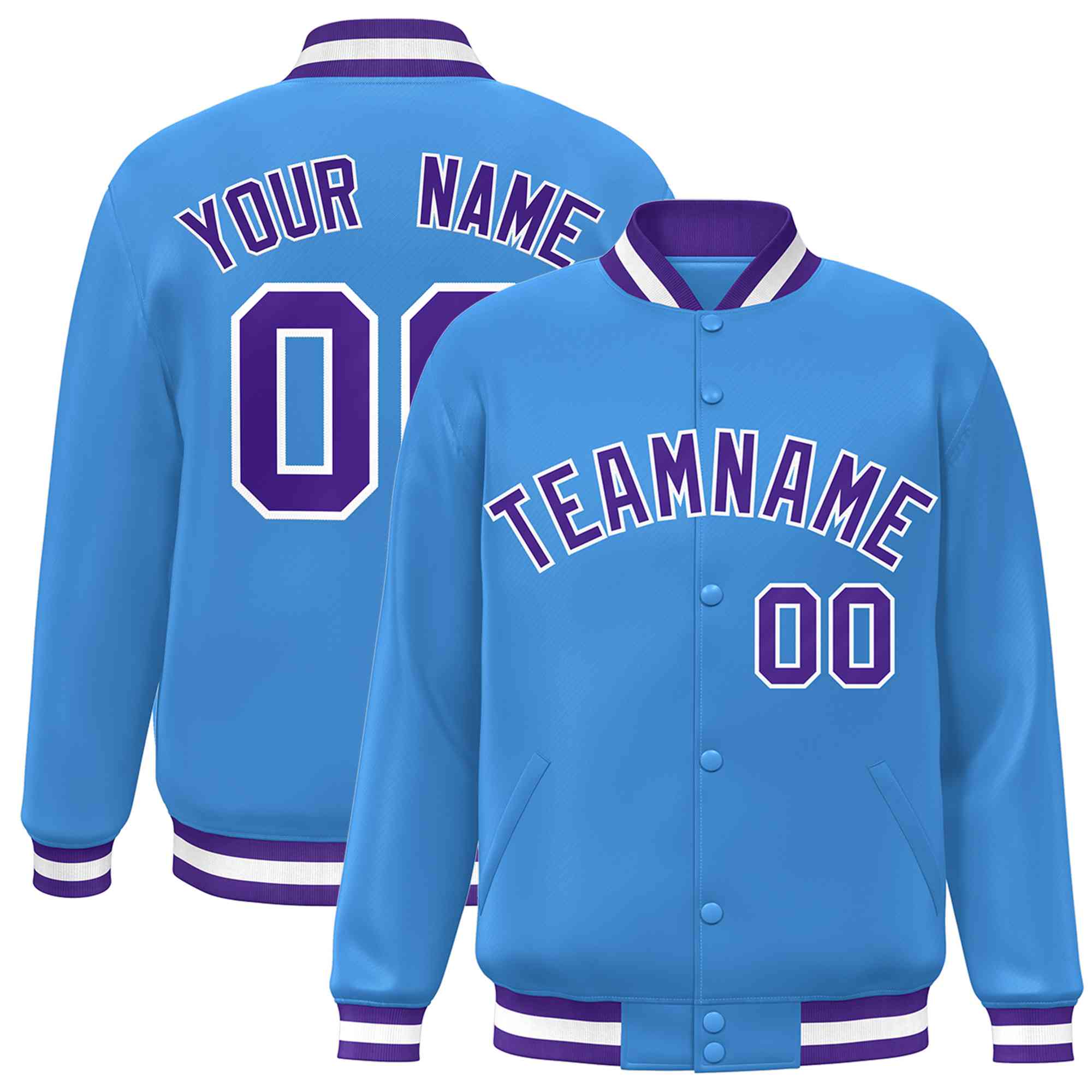 Custom Powder Blue Purple-White Classic Style Varsity Full-Snap Letterman Jacket