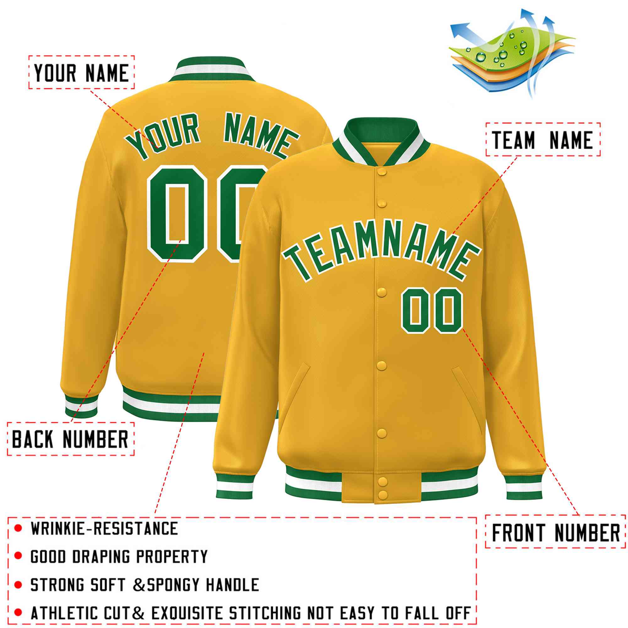 Custom Gold Green-White Classic Style Varsity Full-Snap Letterman Jacket