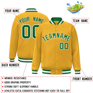 Custom Gold Green-White Classic Style Varsity Full-Snap Letterman Jacket