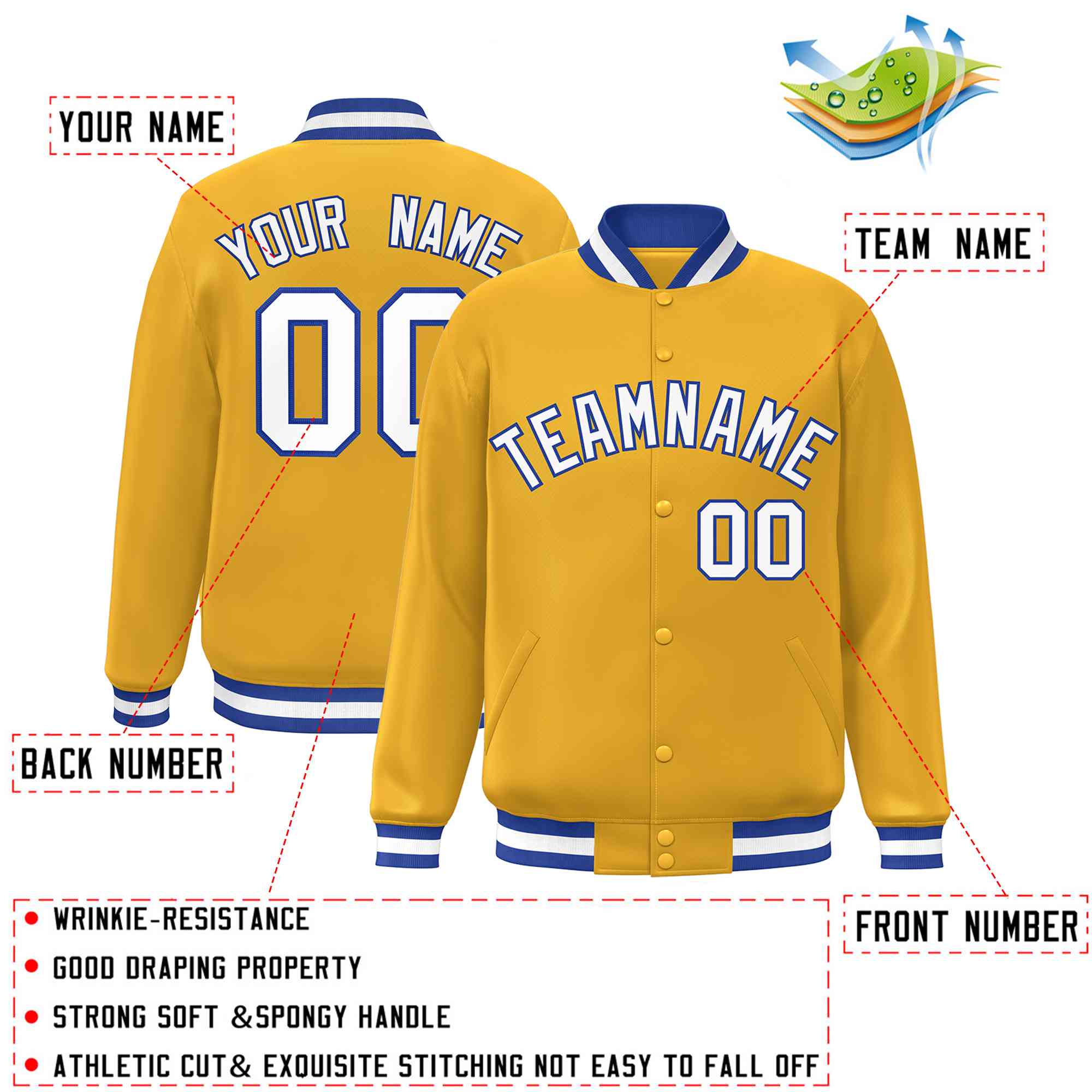 Custom Gold White-Royal Classic Style Varsity Full-Snap Letterman Jacket