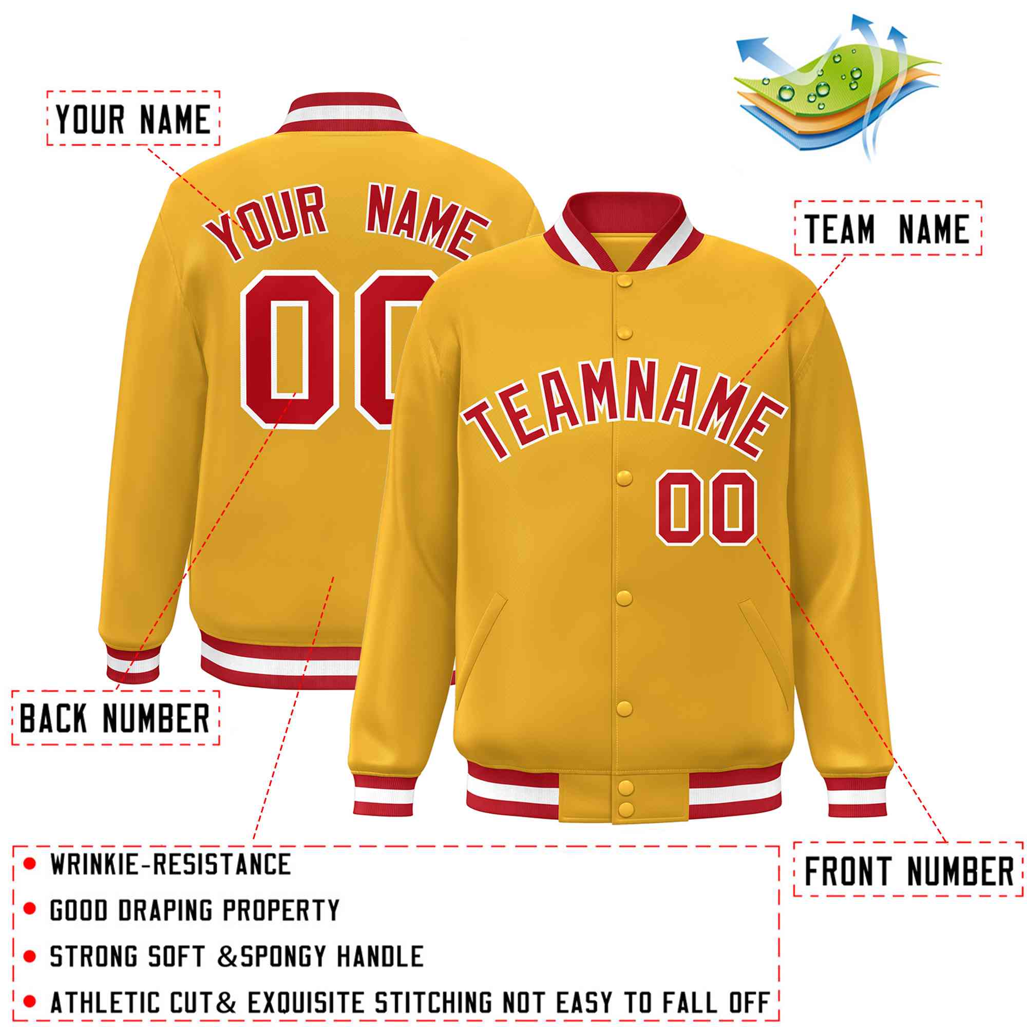 Custom Gold Red-White Classic Style Varsity Full-Snap Letterman Jacket