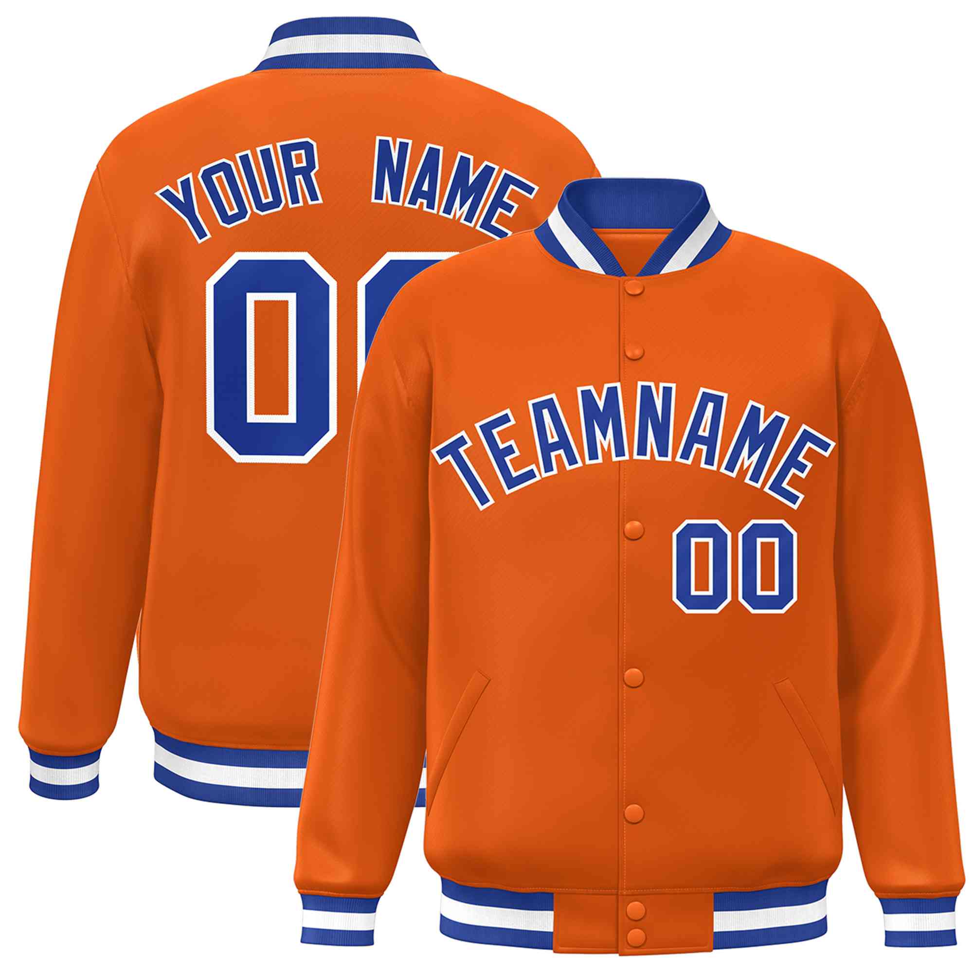 Custom Orange Royal-White Classic Style Varsity Full-Snap Letterman Jacket