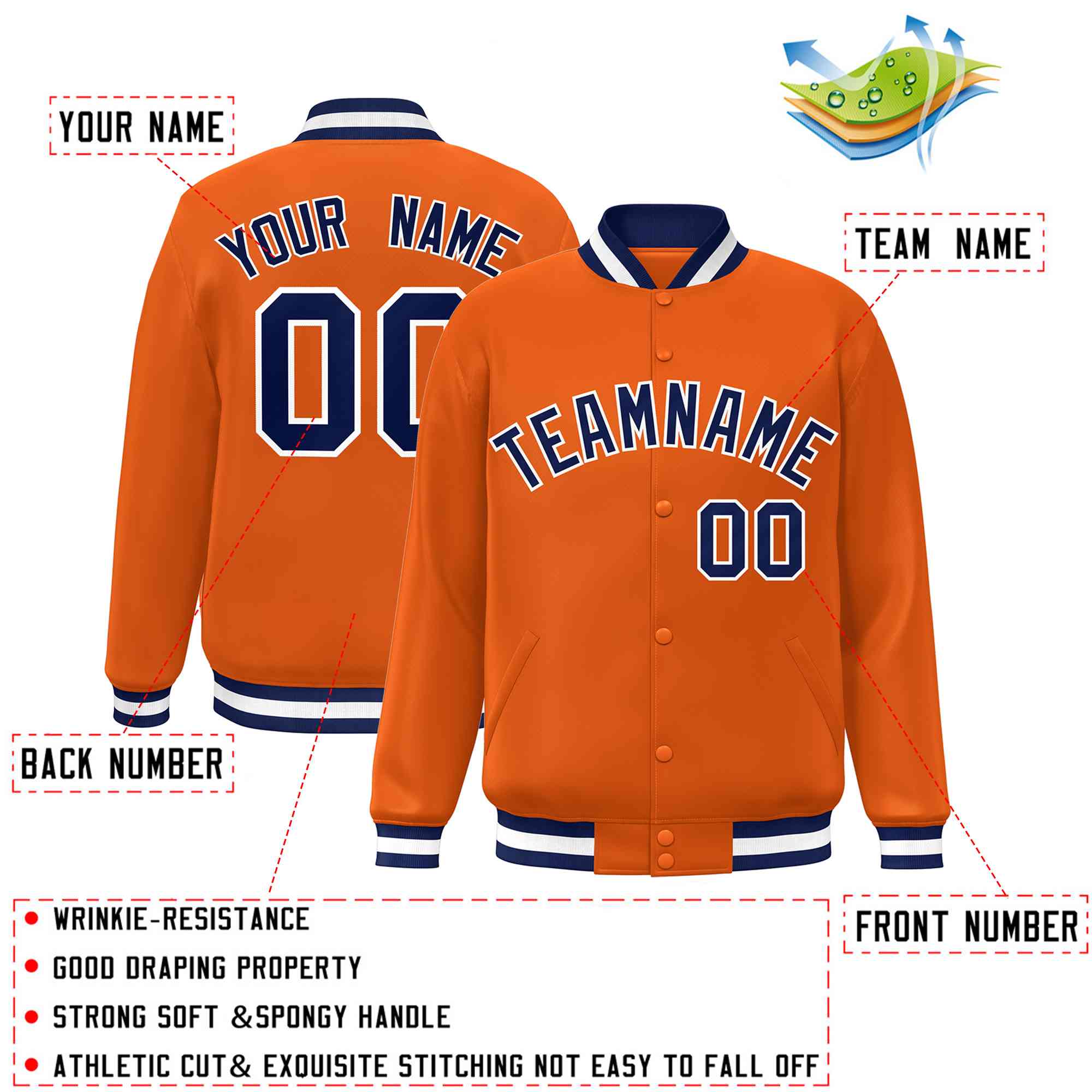 Custom Orange Navy-White Classic Style Varsity Full-Snap Letterman Jacket