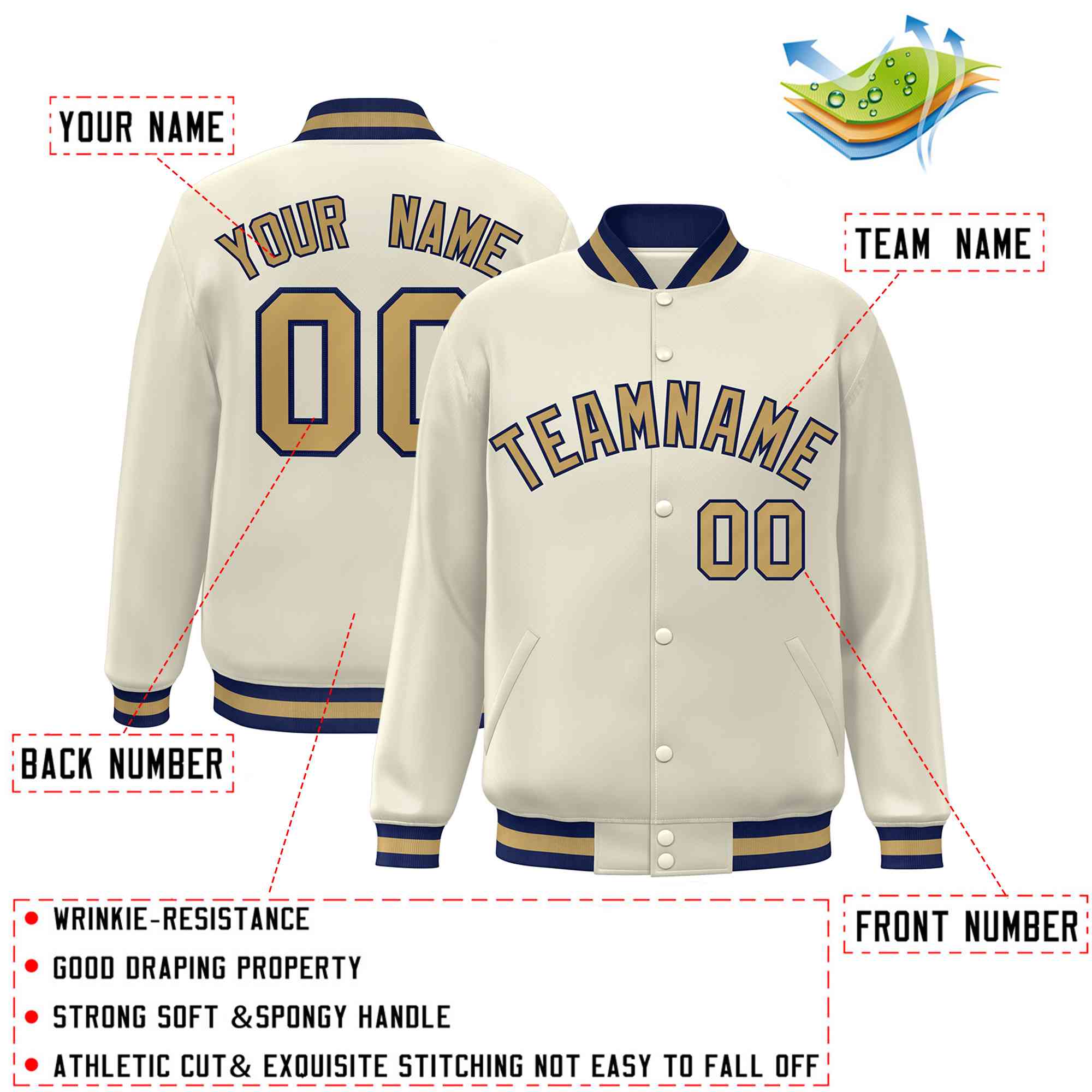 Custom Khaki Old Gold-Navy Classic Style Varsity Full-Snap Letterman Jacket