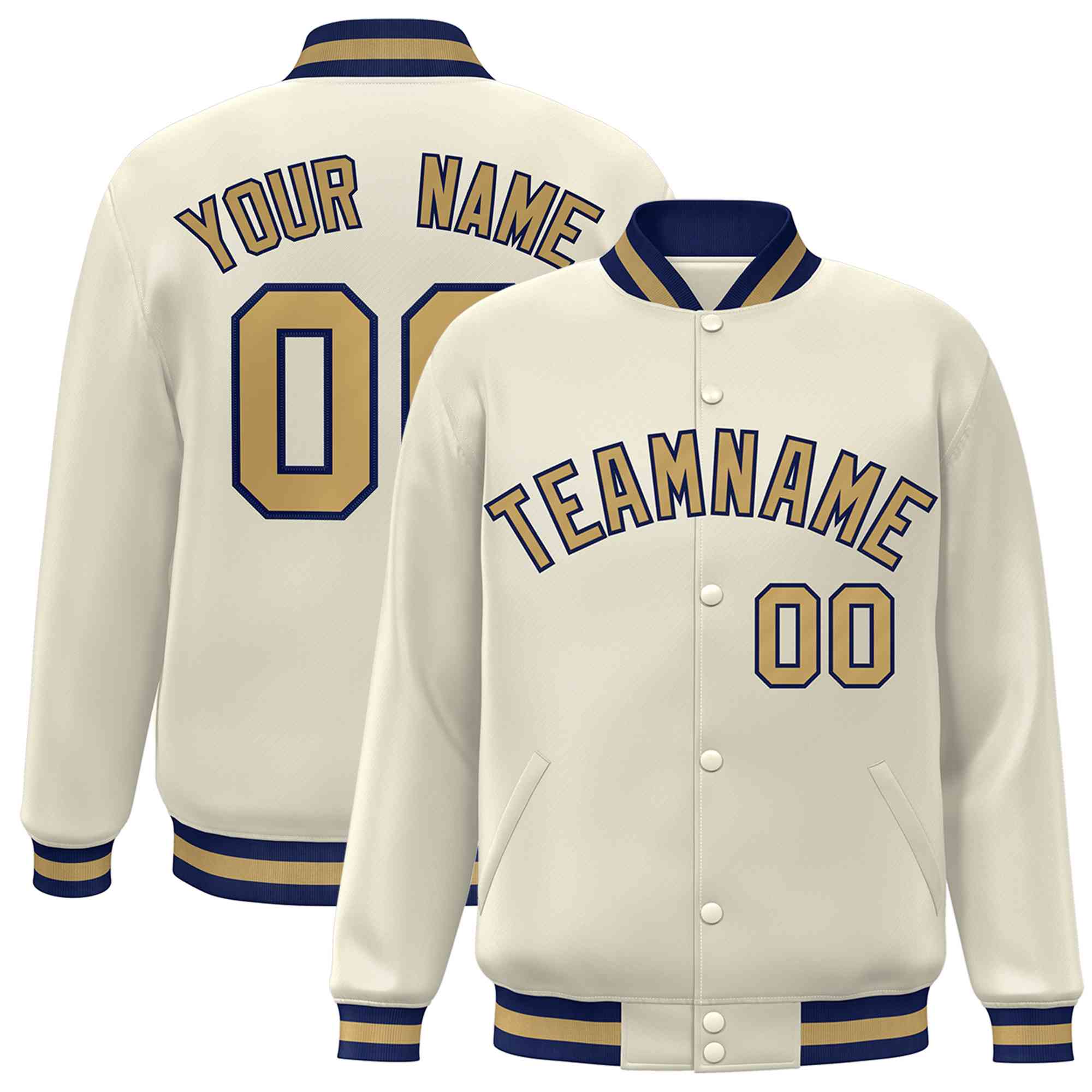 Custom Khaki Old Gold-Navy Classic Style Varsity Full-Snap Letterman Jacket