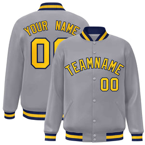 Custom Gray Gold-Navy Classic Style Varsity Full-Snap Letterman Jacket