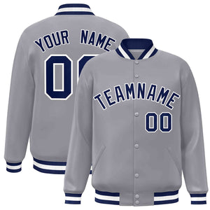 Custom Gray Navy-White Classic Style Varsity Full-Snap Letterman Jacket