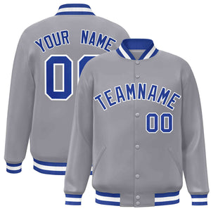 Custom Gray Royal-White Classic Style Varsity Full-Snap Letterman Jacket