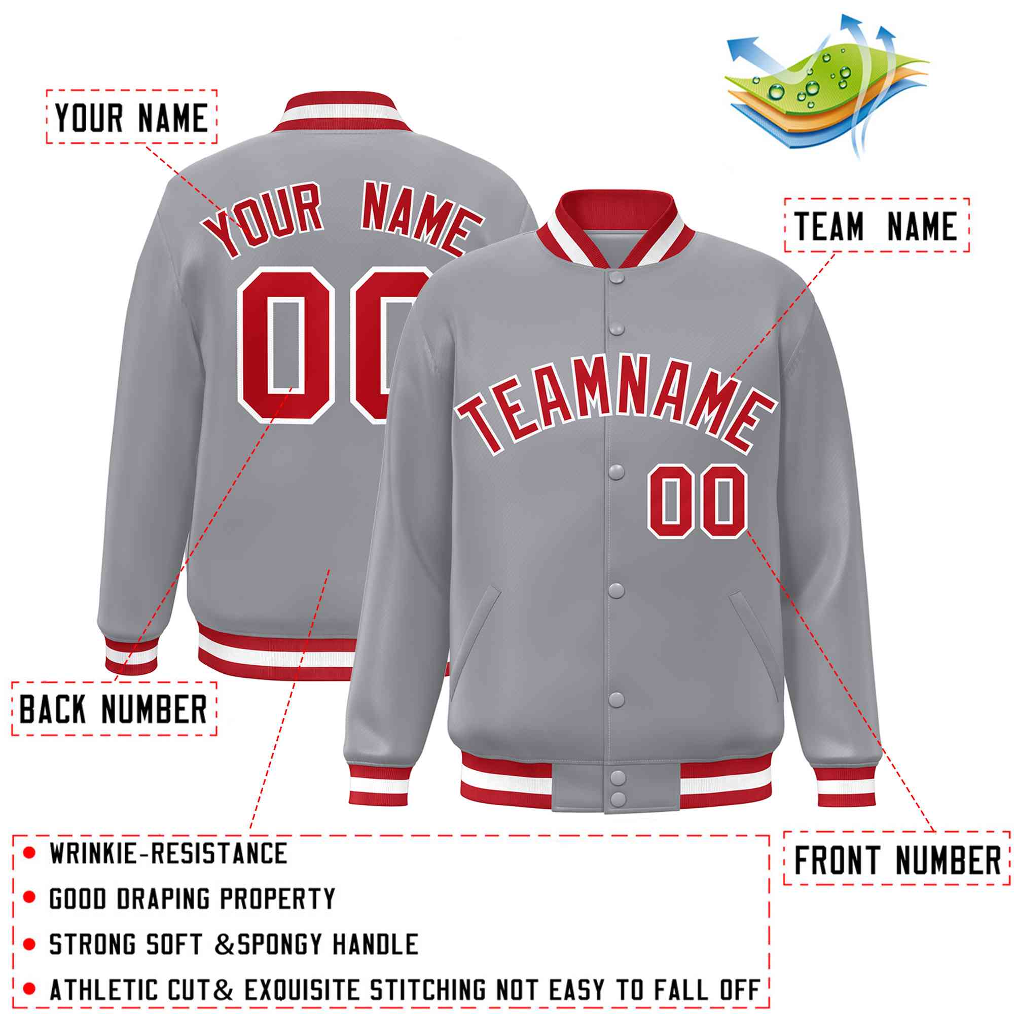 Custom Gray Red-White Classic Style Varsity Full-Snap Letterman Jacket