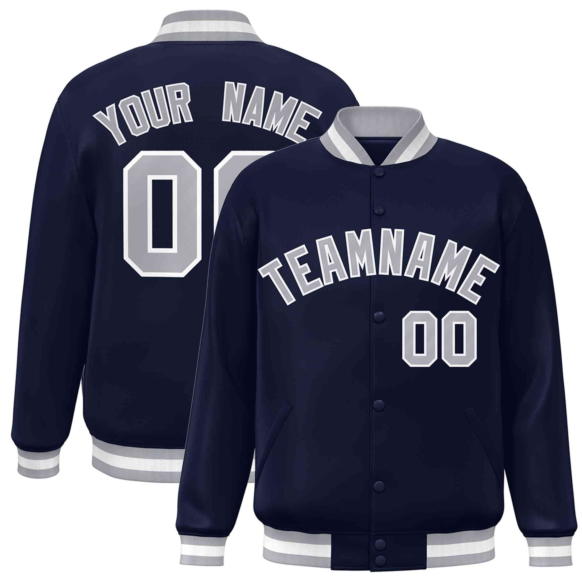 Custom Navy Gray-White Classic Style Varsity Full-Snap Letterman Jacket