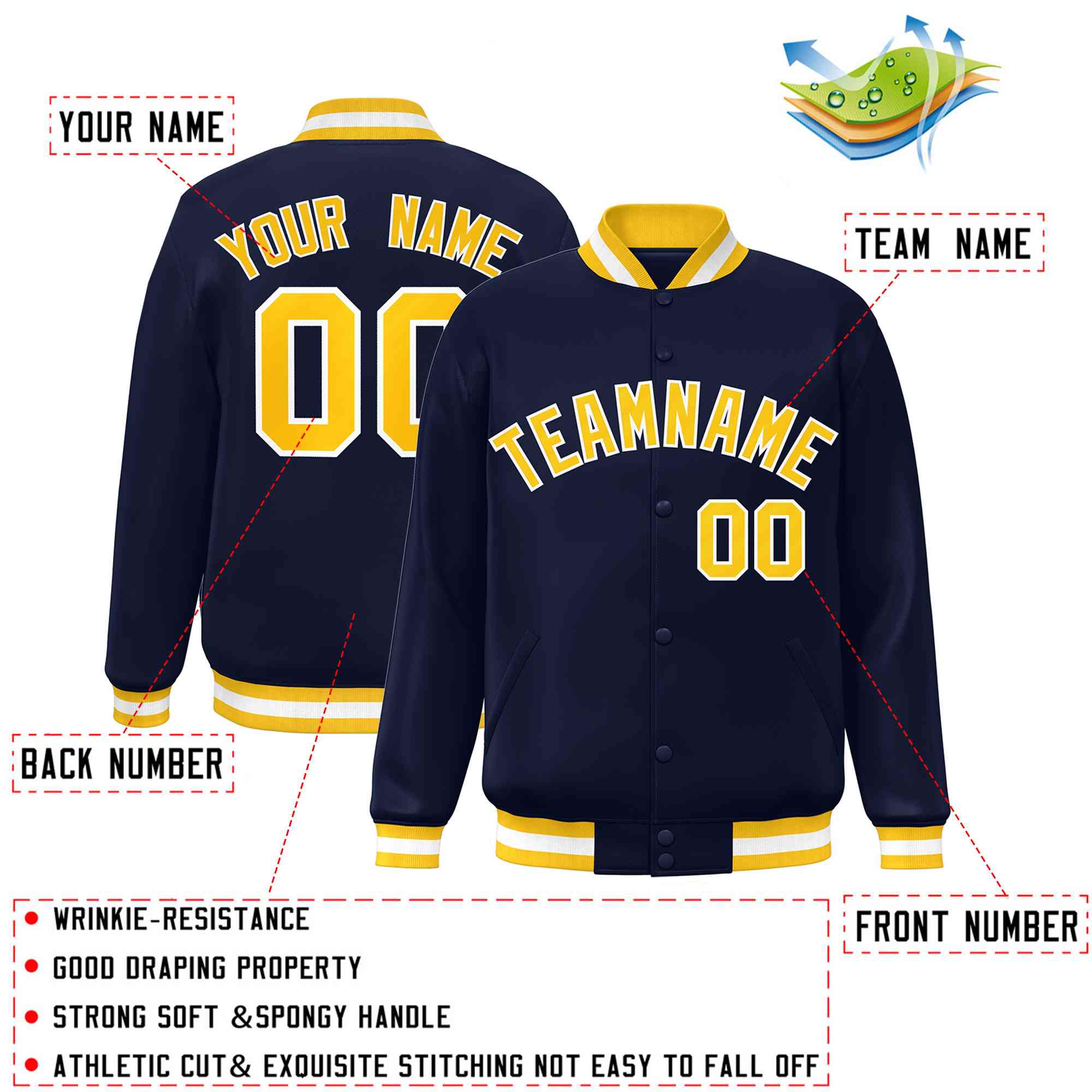 Custom Navy Gold-White Classic Style Varsity Full-Snap Letterman Jacket