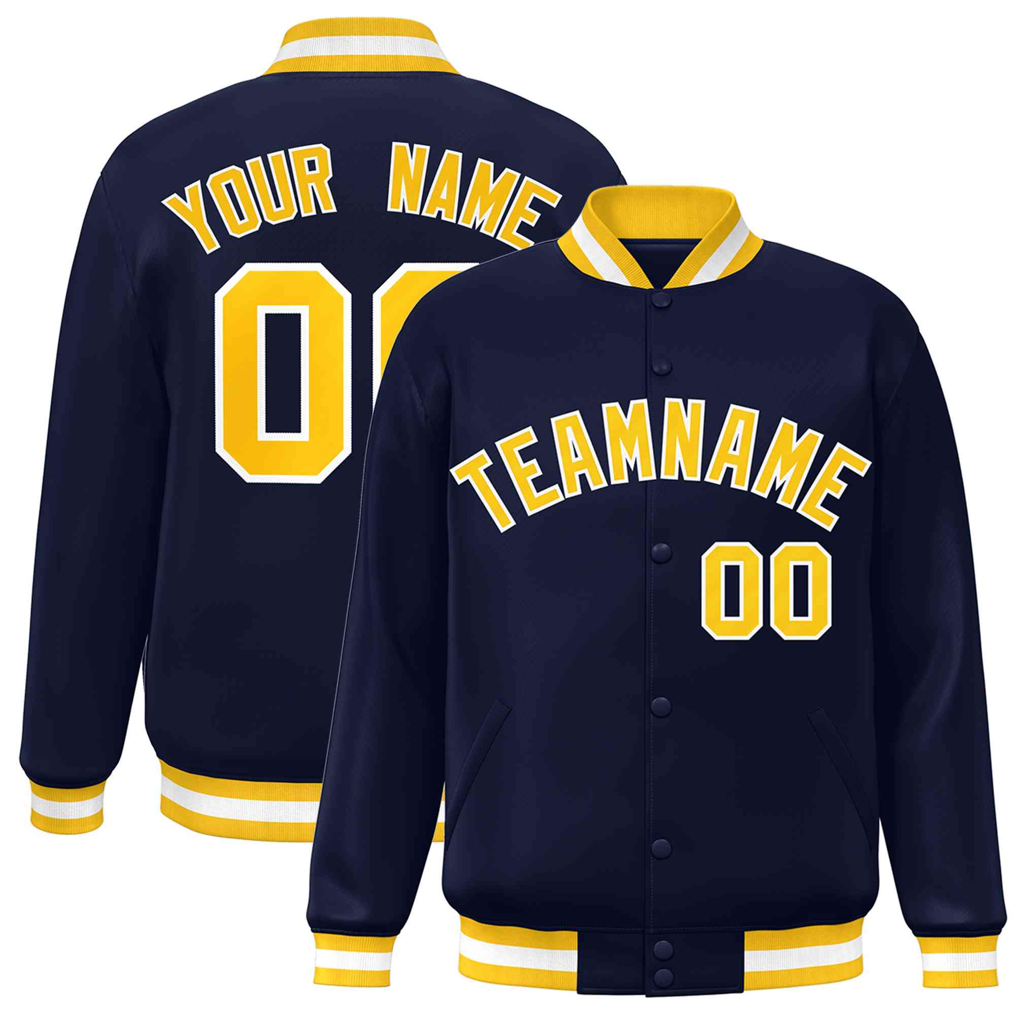 Custom Navy Gold-White Classic Style Varsity Full-Snap Letterman Jacket