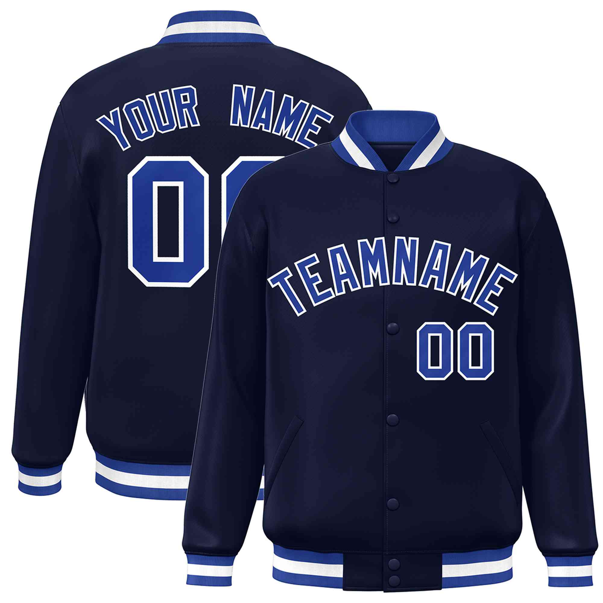 Custom Navy Royal-White Classic Style Varsity Full-Snap Letterman Jacket