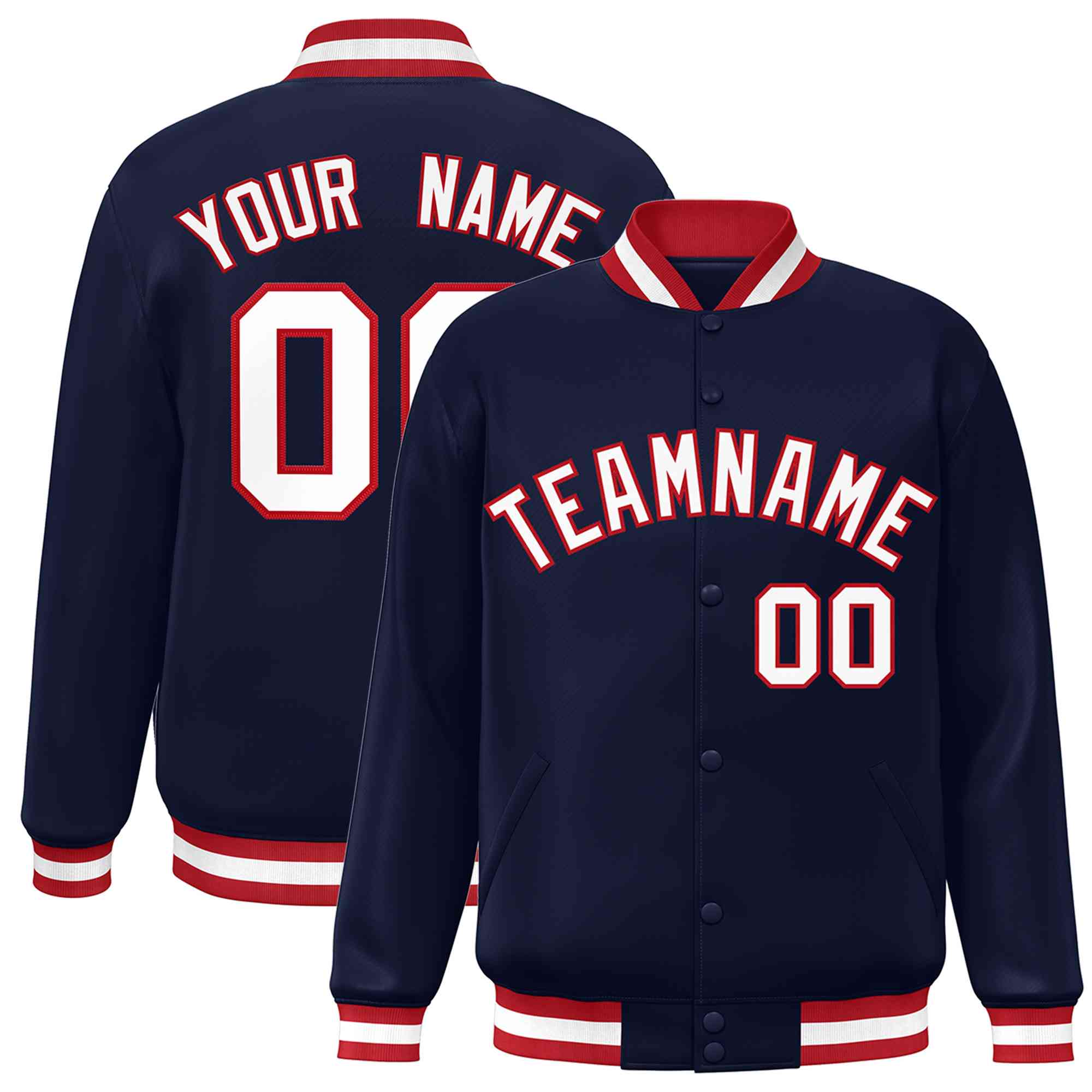 Veste Letterman personnalisée de style classique bleu marine blanc-rouge