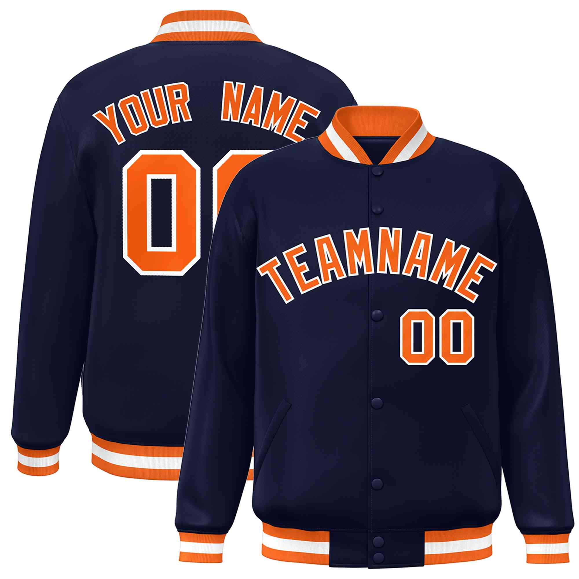 Custom Navy Orange-White Classic Style Varsity Full-Snap Letterman Jacket