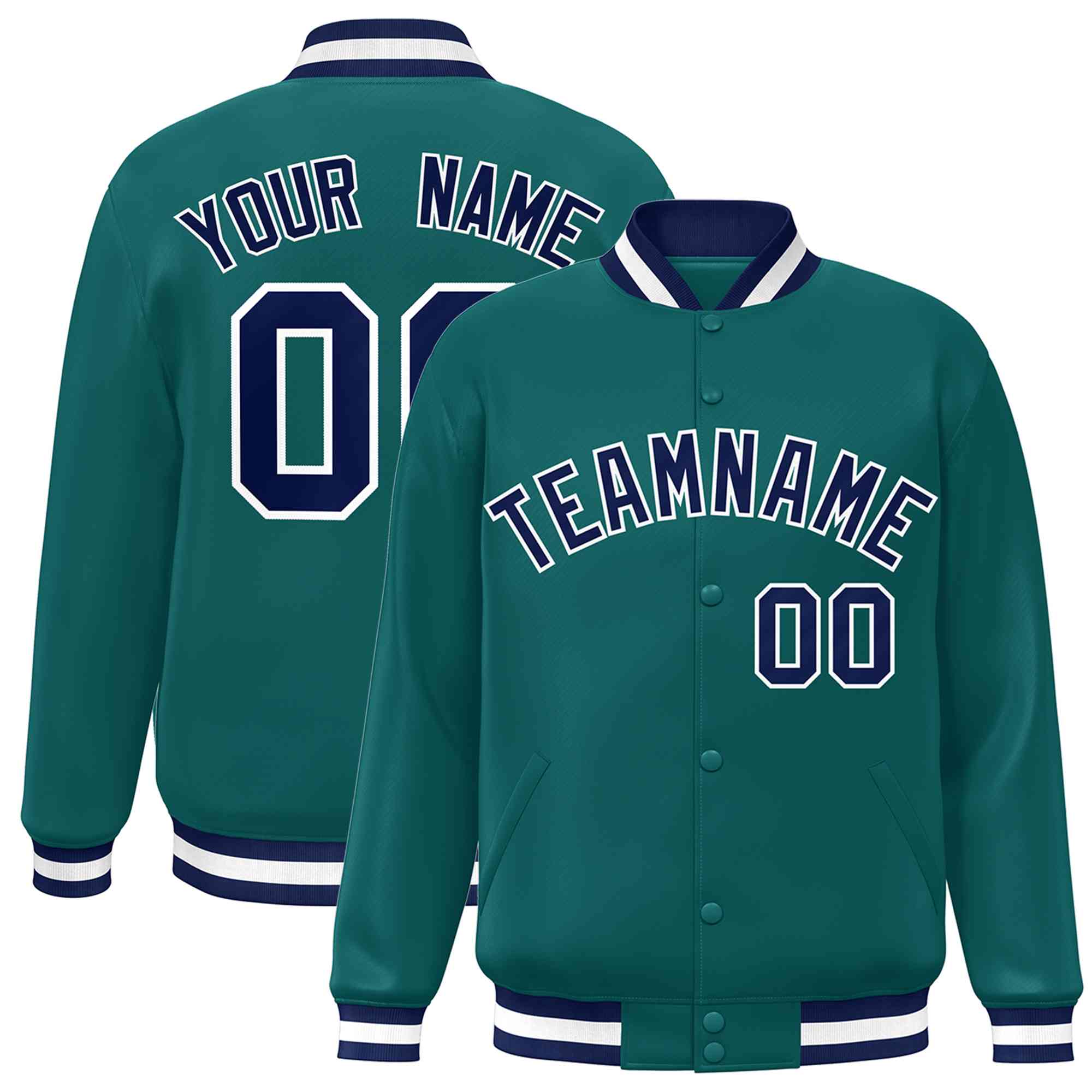 Custom Aqua Navy-White Classic Style Varsity Full-Snap Letterman Jacket