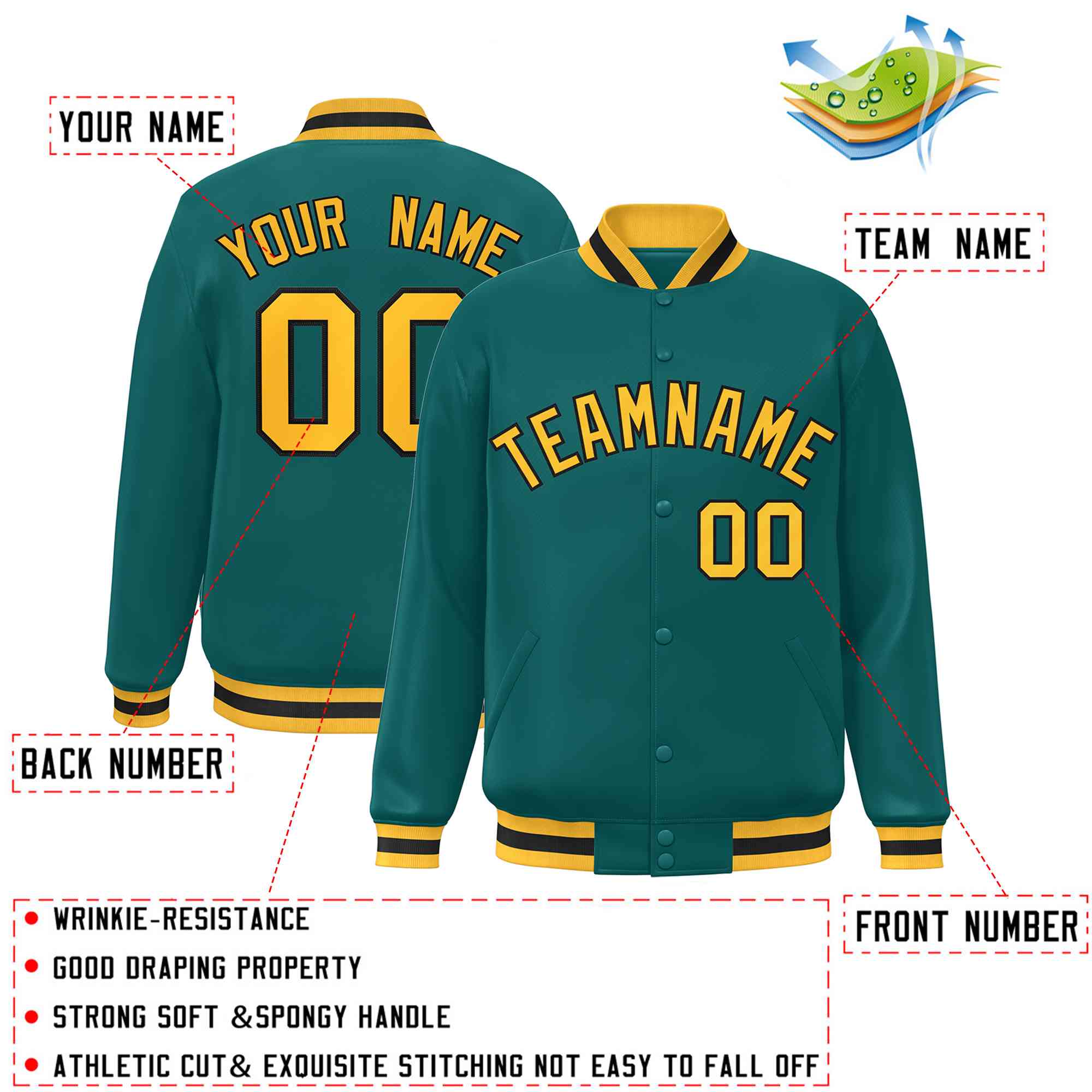 Custom Aqua Gold-Black Classic Style Varsity Full-Snap Letterman Jacket