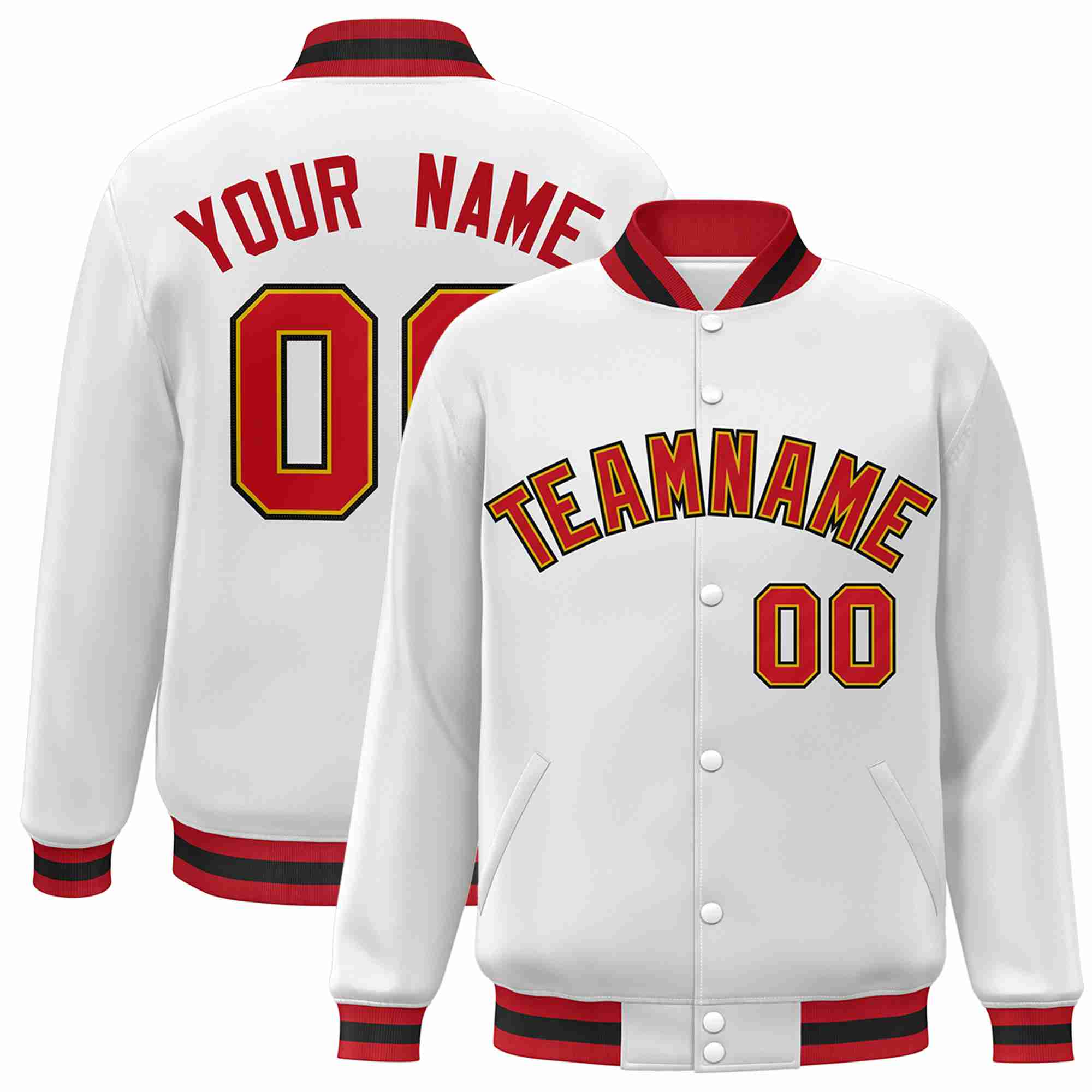 Custom White Red-Old Gold Classic Style Varsity Full-Snap Letterman Jacket