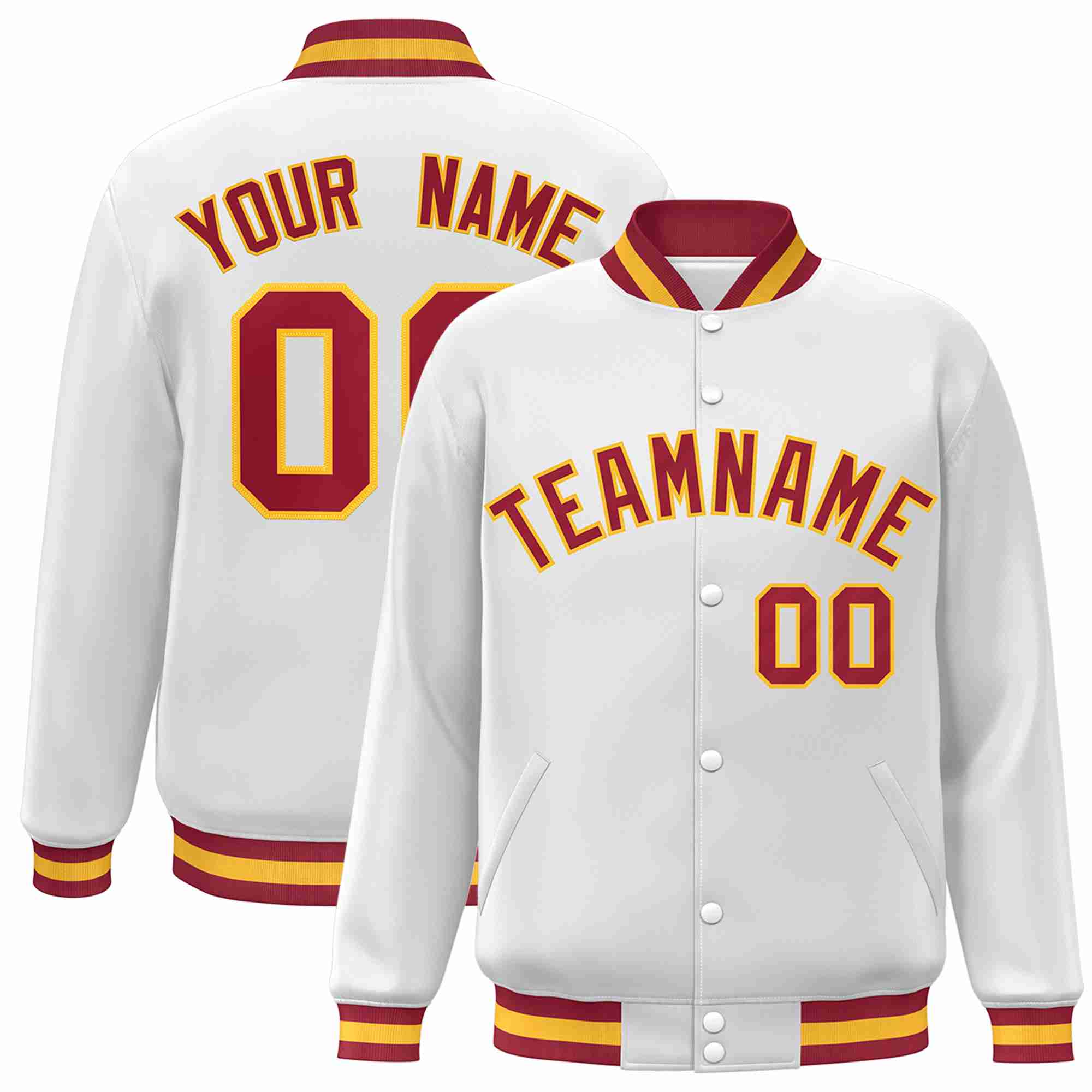 Custom White Crimson-Gold Classic Style Varsity Full-Snap Letterman Jacket