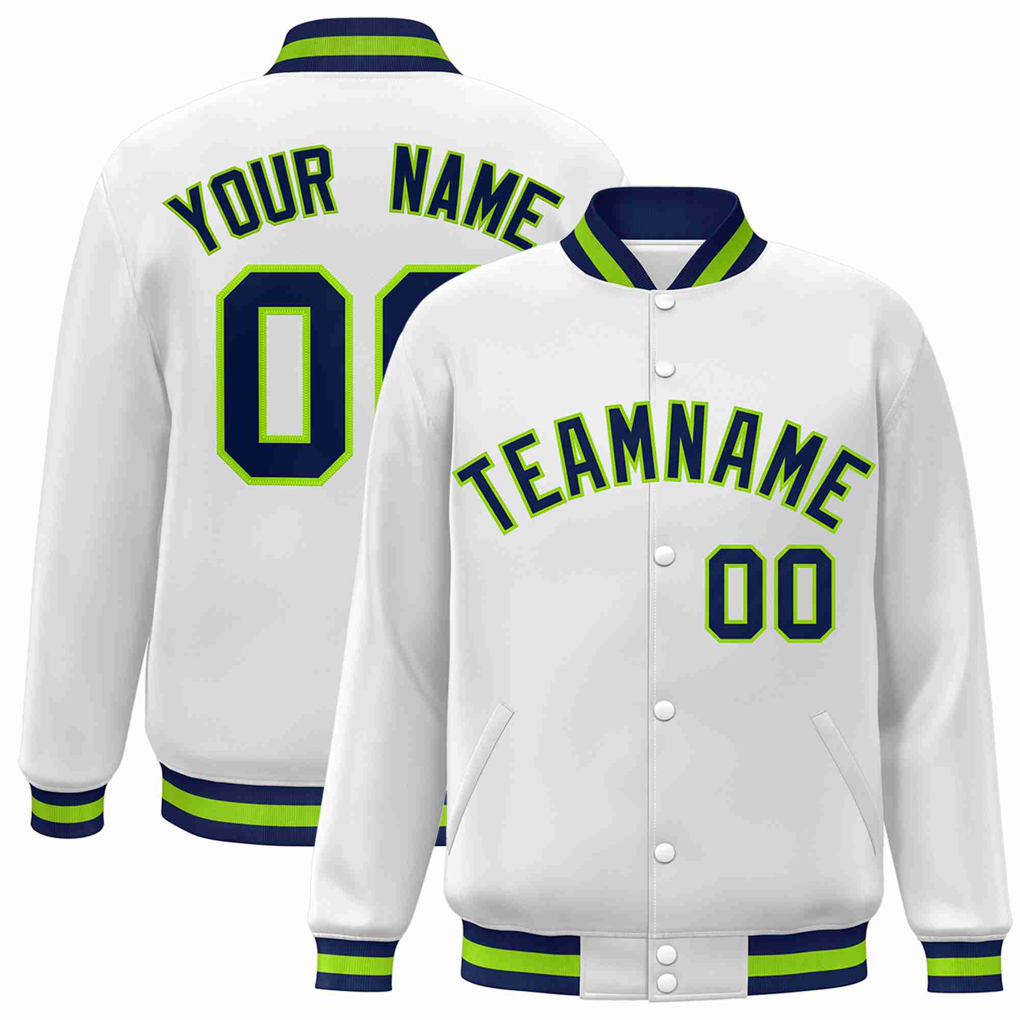 Custom White Navy Neon Green Classic Style Varsity Full Snap Letterman