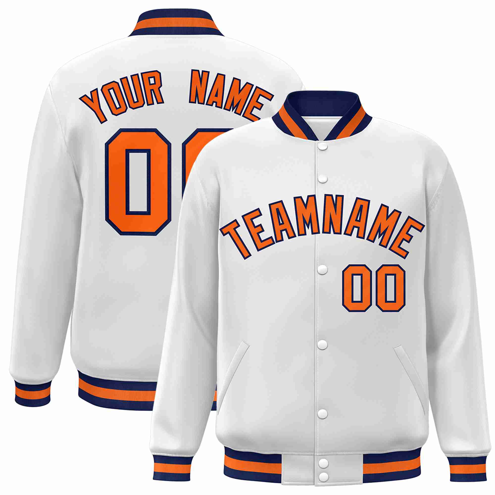 Custom White Orange-Navy Classic Style Varsity Full-Snap Letterman Jacket