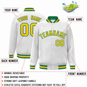 Custom White Gold-Green Classic Style Varsity Full-Snap Letterman Jacket