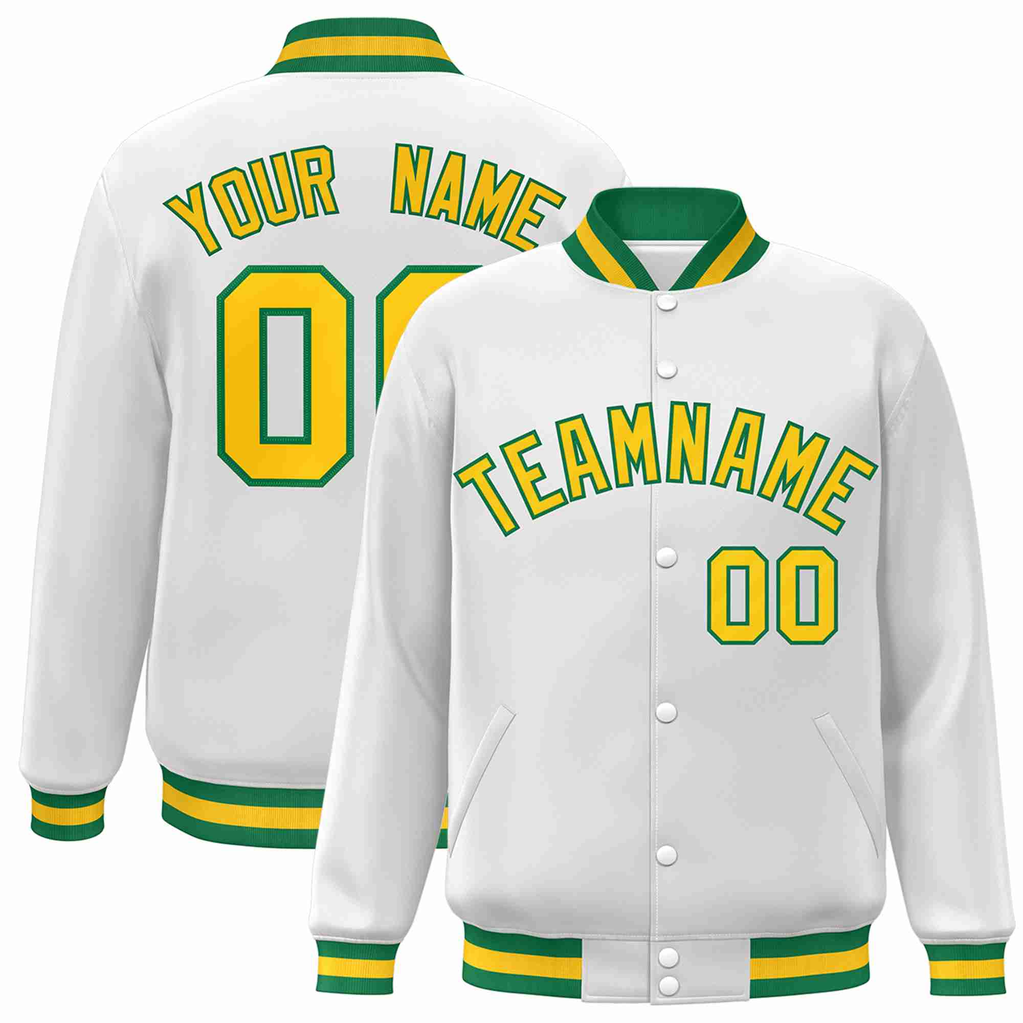 Custom White Gold Green Classic Style Varsity Full Snap Letterman Jack