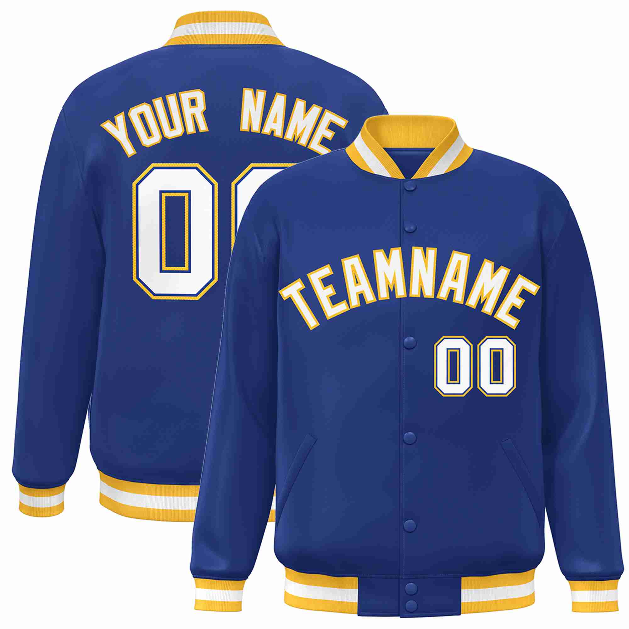 Custom Royal White-Gold Classic Style Varsity Full-Snap Letterman Jacket