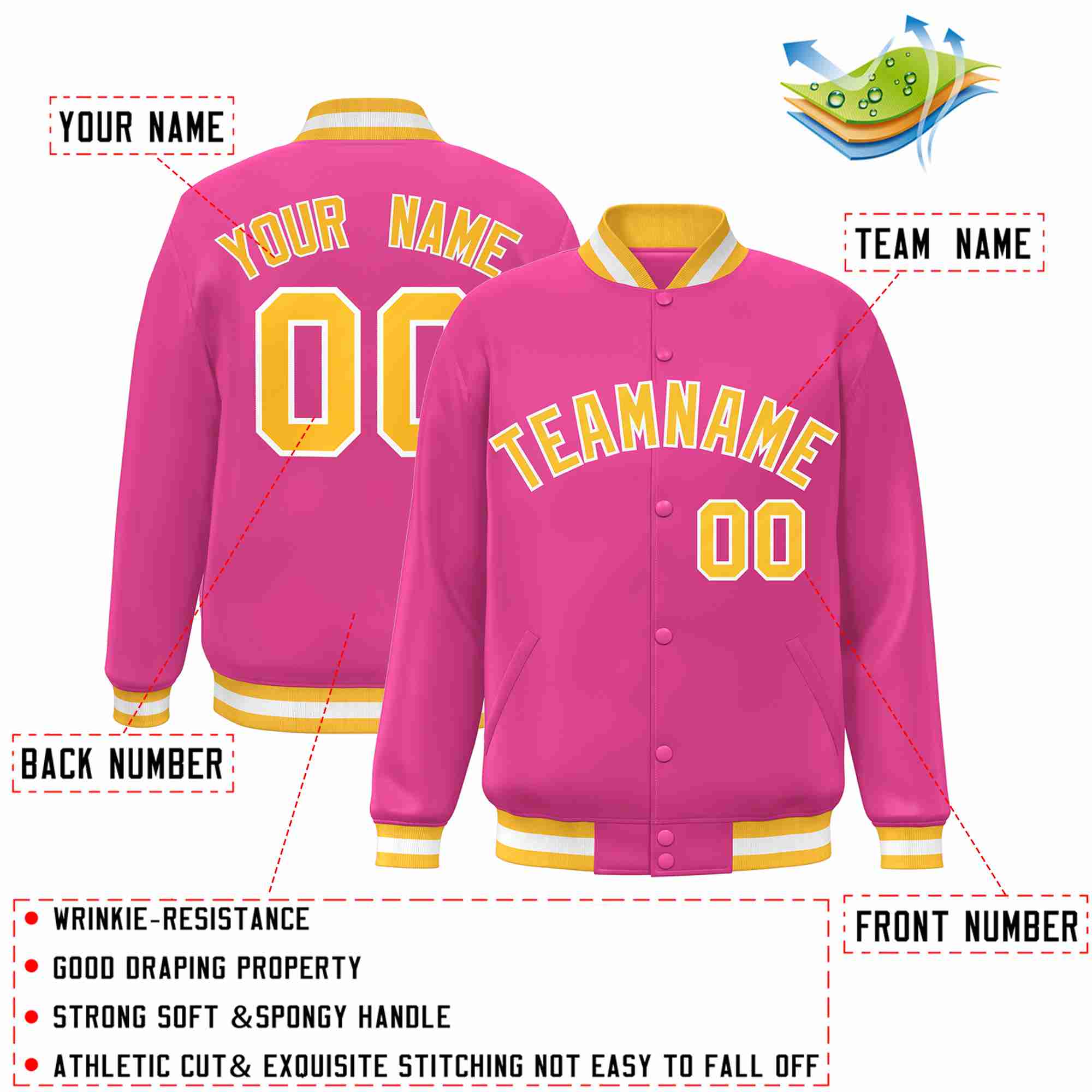 Custom Pink Gold-White Classic Style Varsity Full-Snap Letterman Jacket