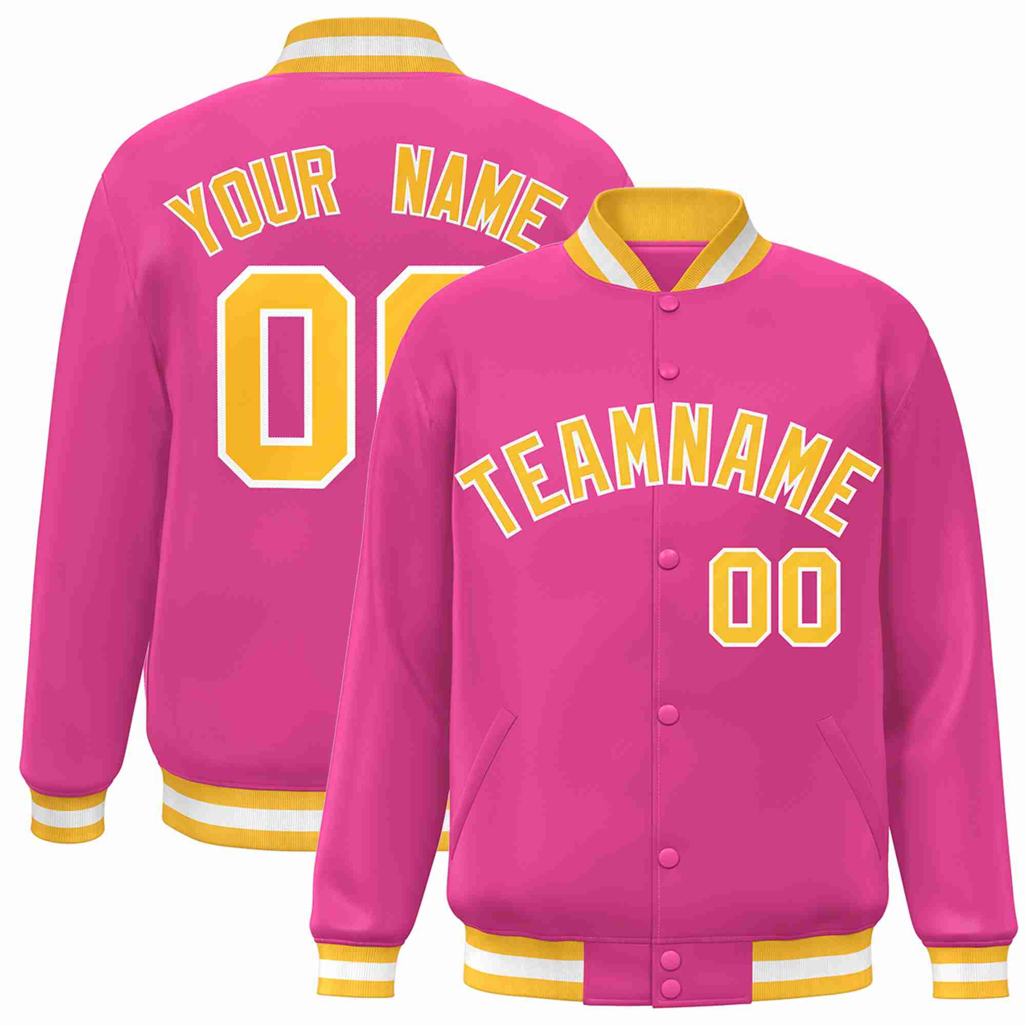 Custom Pink Gold-White Classic Style Varsity Full-Snap Letterman Jacket