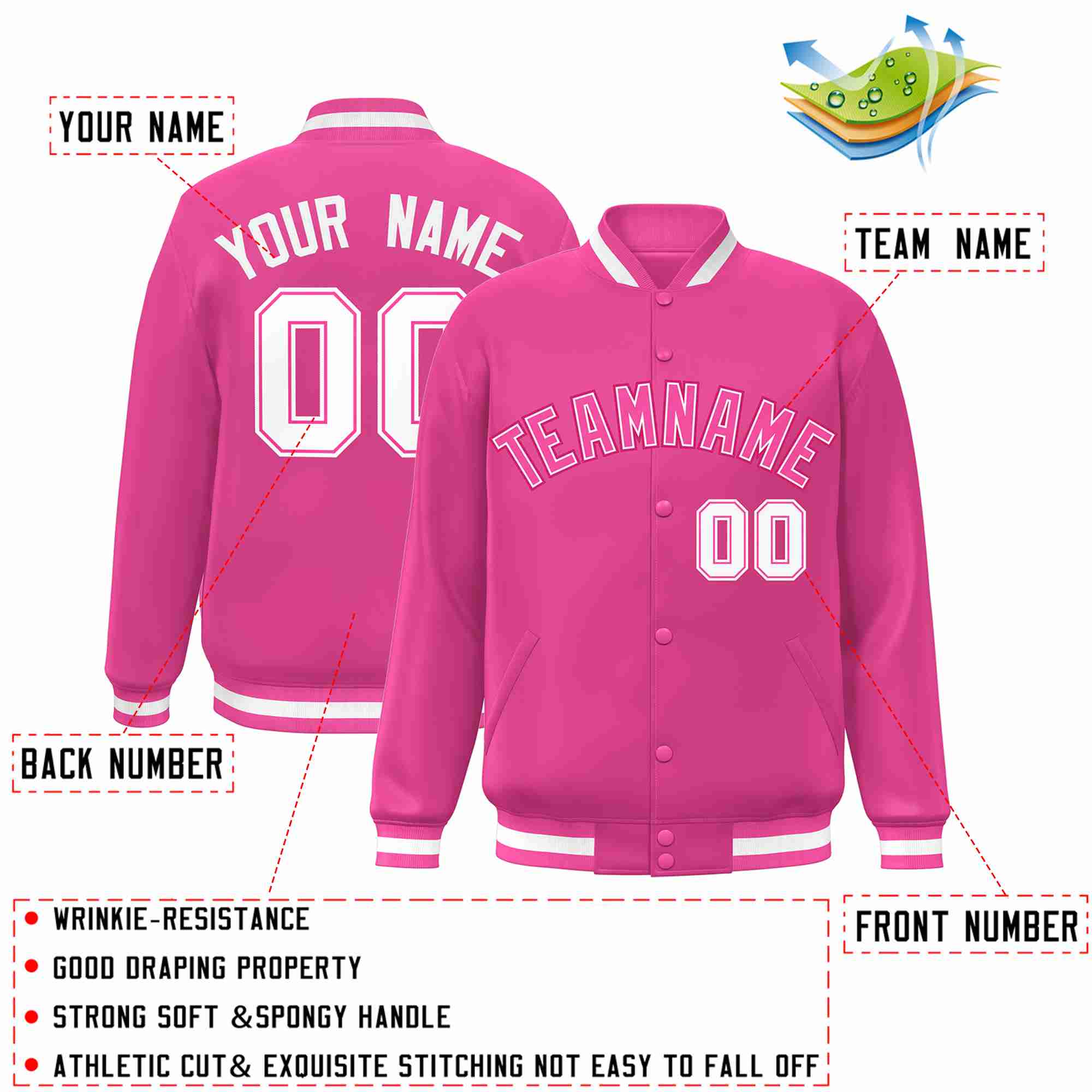 Custom Pink Pink-White Classic Style Varsity Full-Snap Letterman Jacket