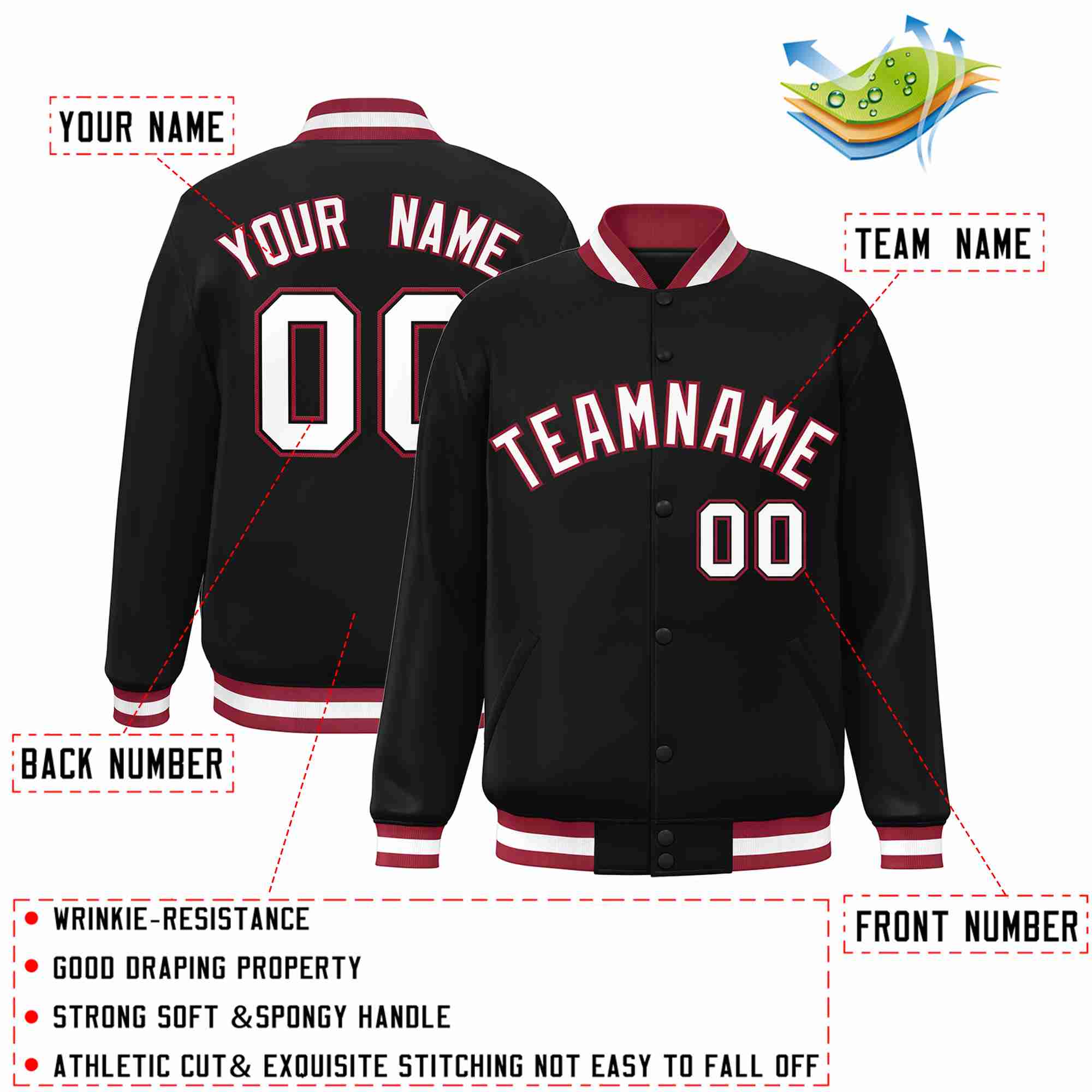 Custom Black White-Crimson Classic Style Varsity Full-Snap Letterman Jacket