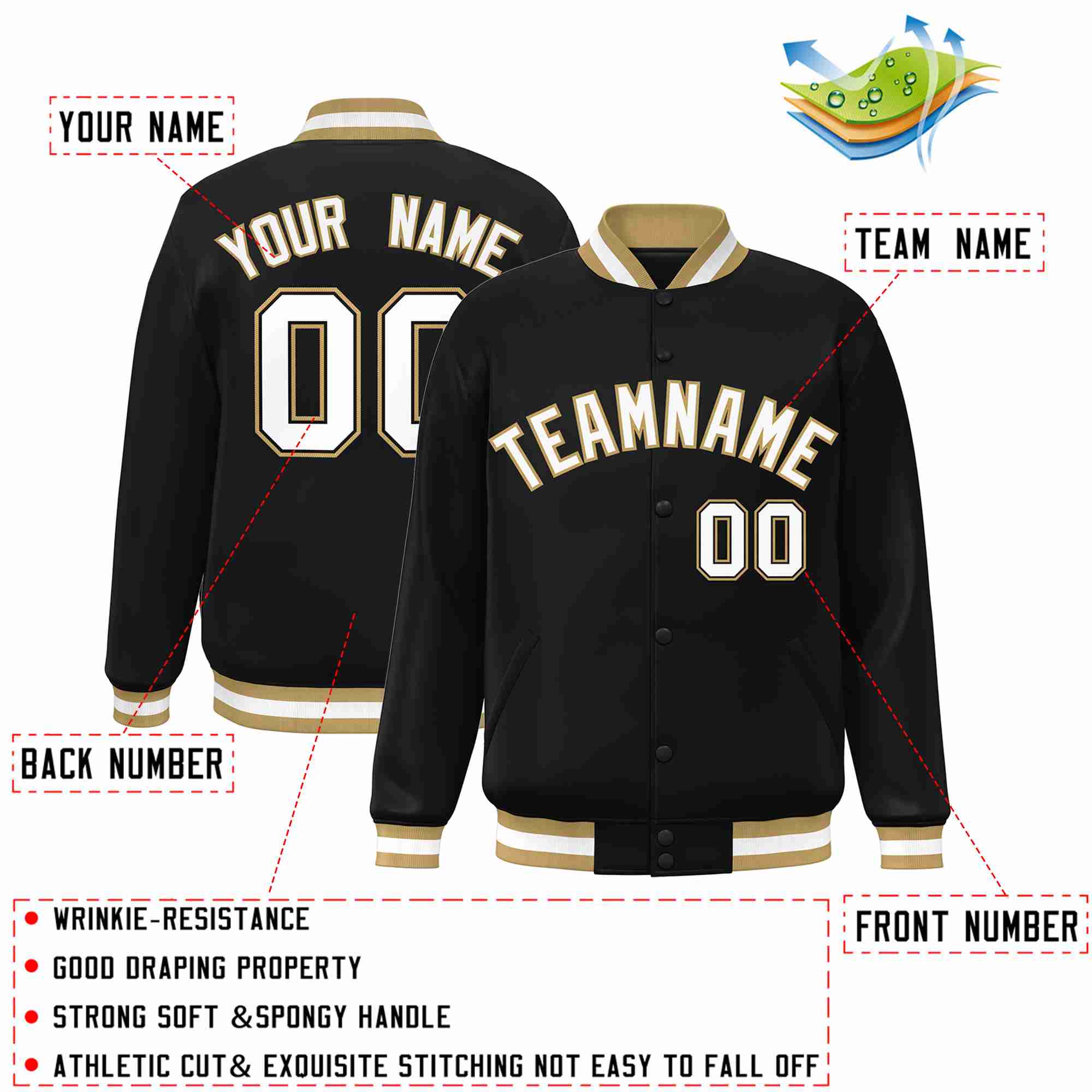 Custom Black White-Old Gold Classic Style Varsity Full-Snap Letterman Jacket