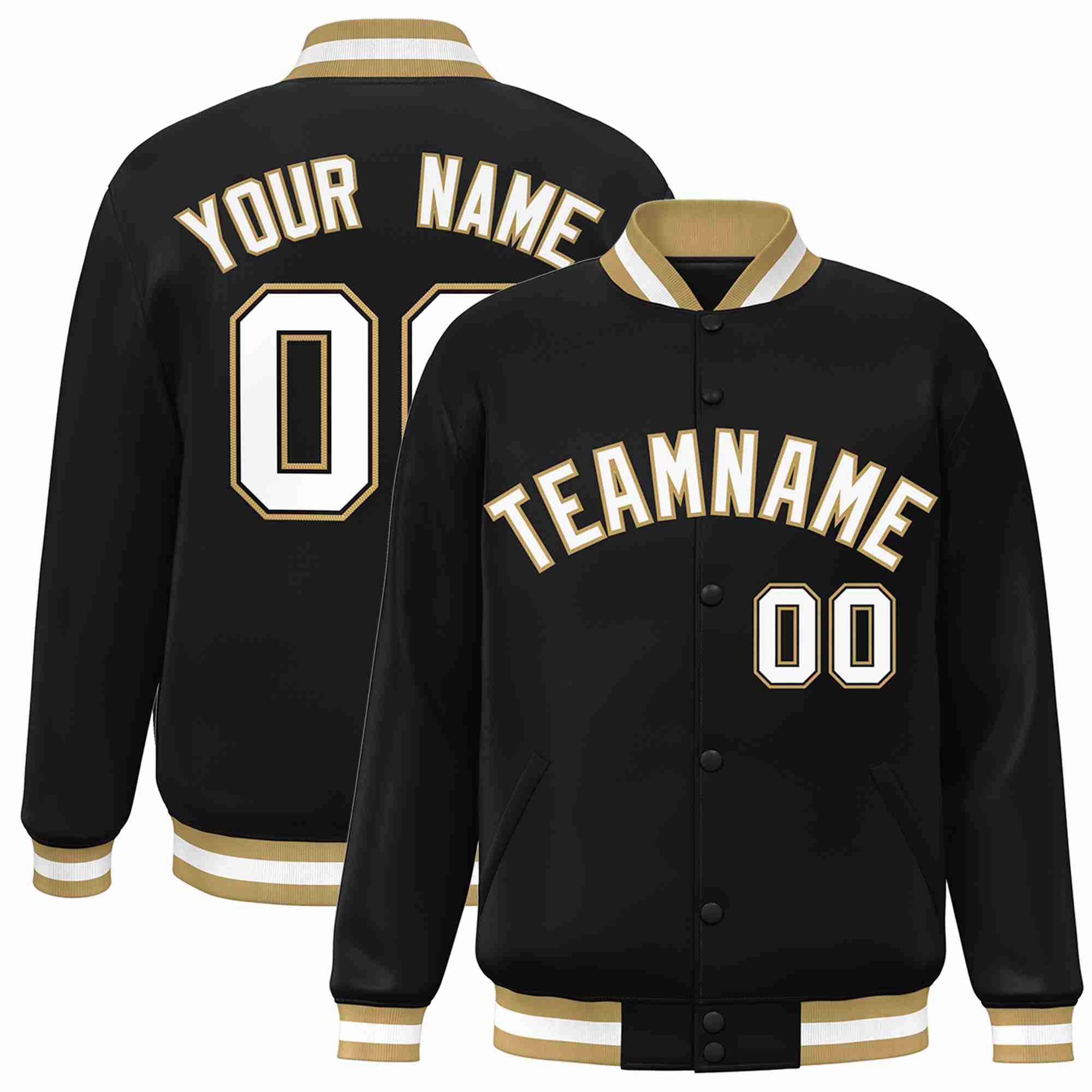 Custom Black White-Old Gold Classic Style Varsity Full-Snap Letterman Jacket