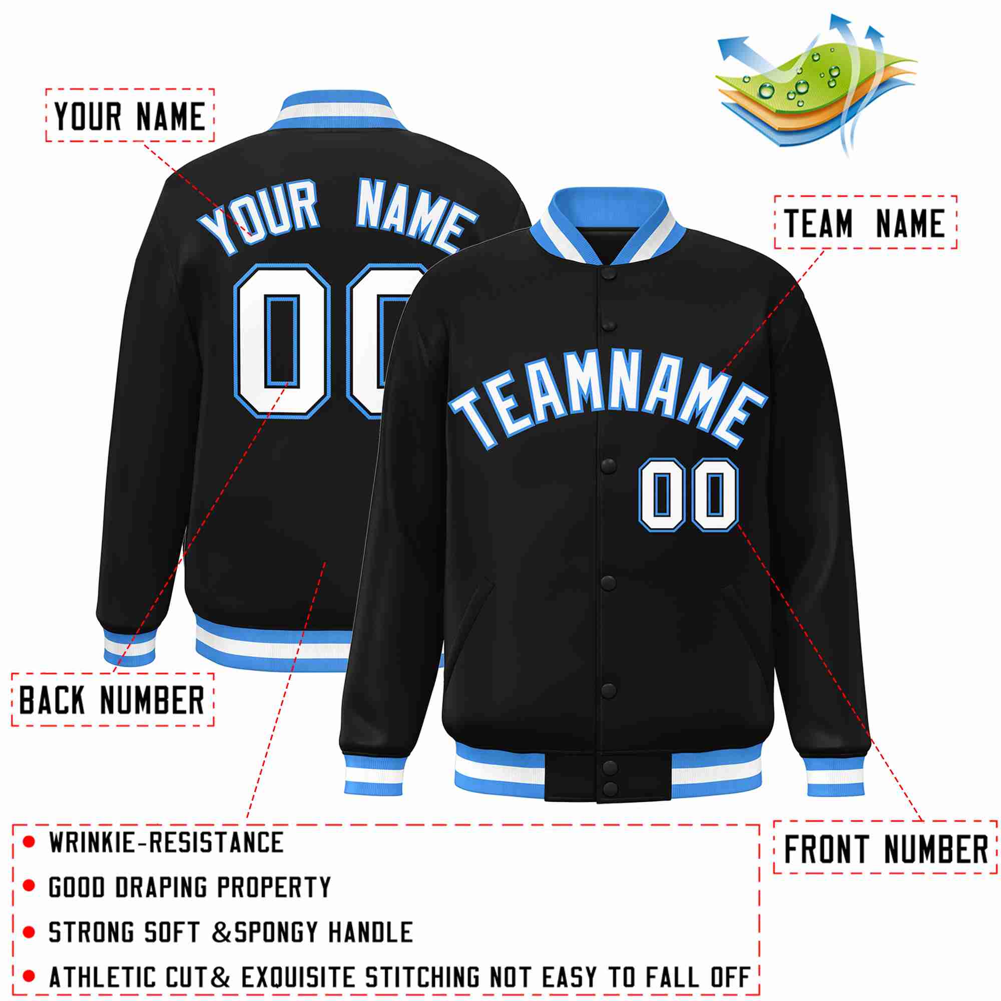 Custom Black White-Powder Blue Classic Style Varsity Full-Snap Letterman Jacket