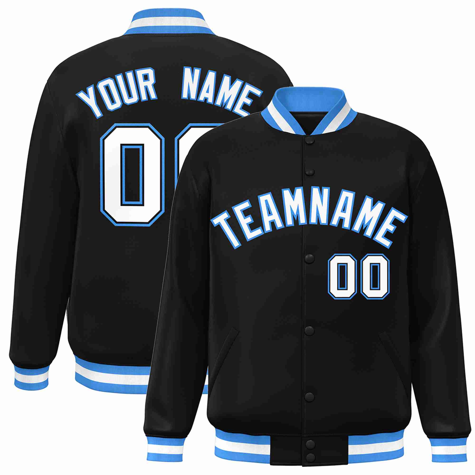 Custom Black White-Powder Blue Classic Style Varsity Full-Snap Letterman Jacket