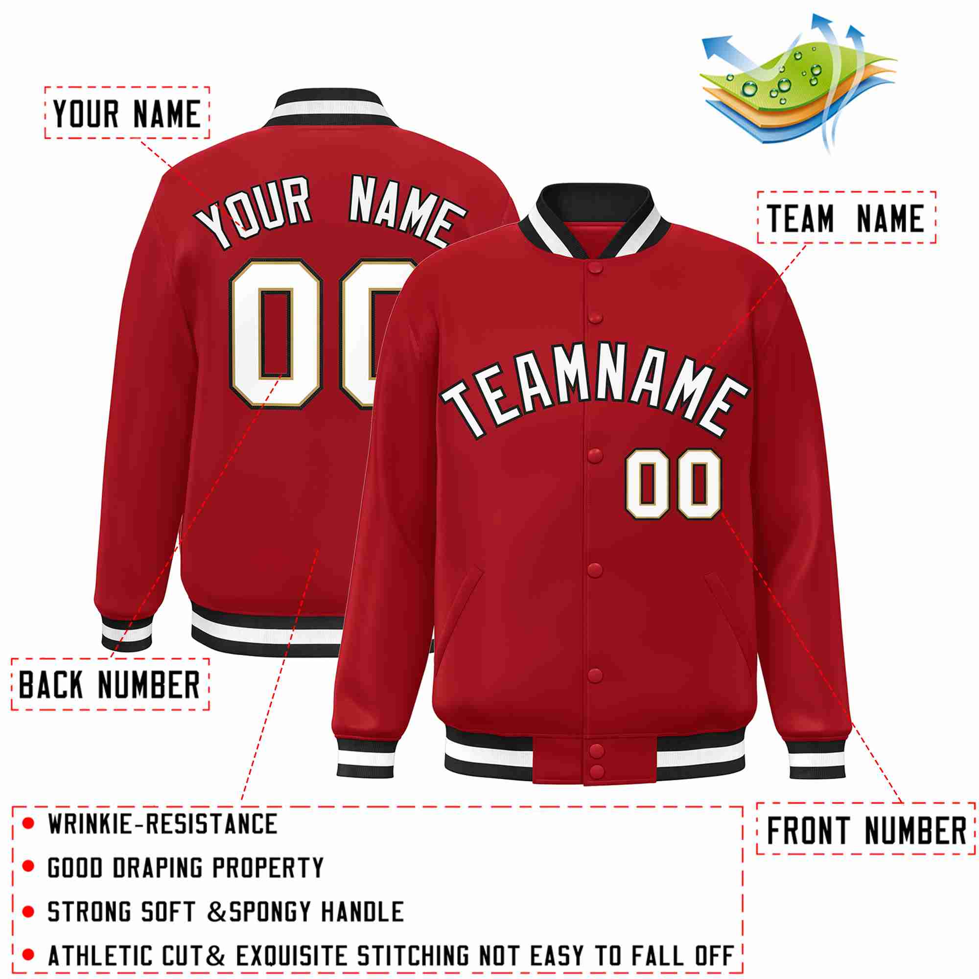 Custom Red White-Black Classic Style Varsity Full-Snap Letterman Jacket