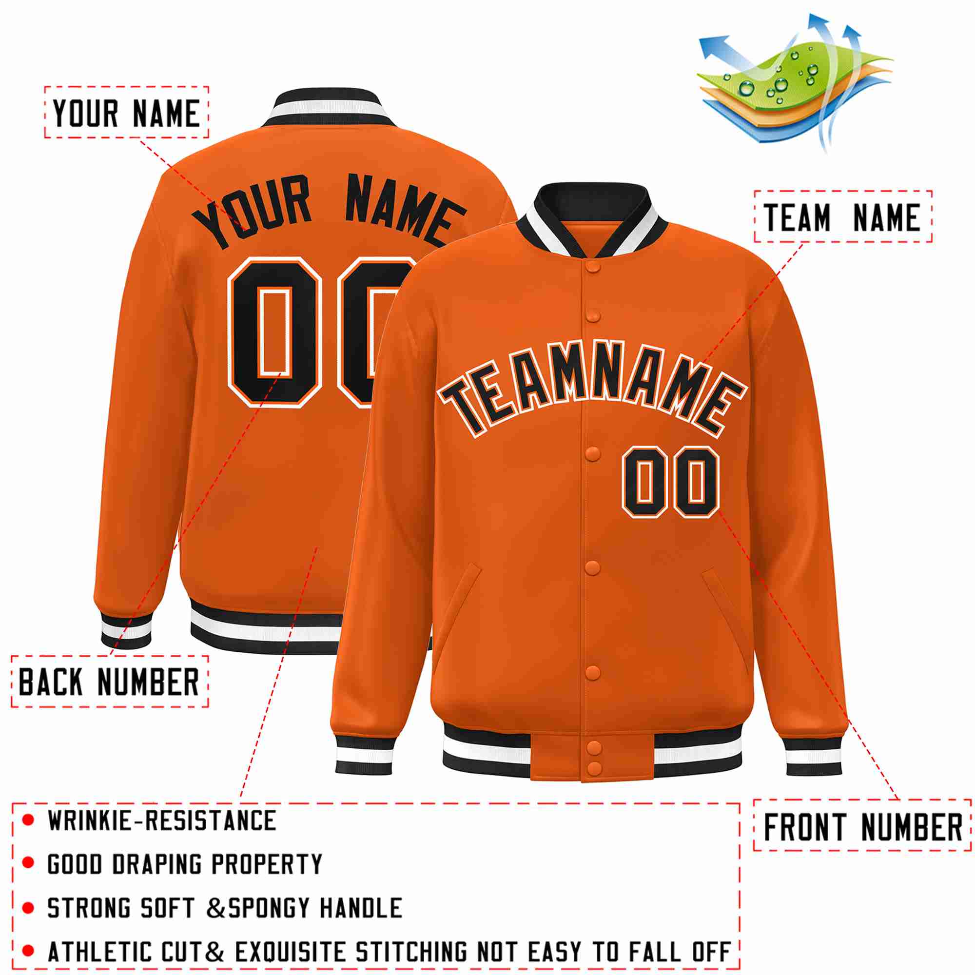 Custom Orange Black-Orange Classic Style Varsity Full-Snap Letterman Jacket