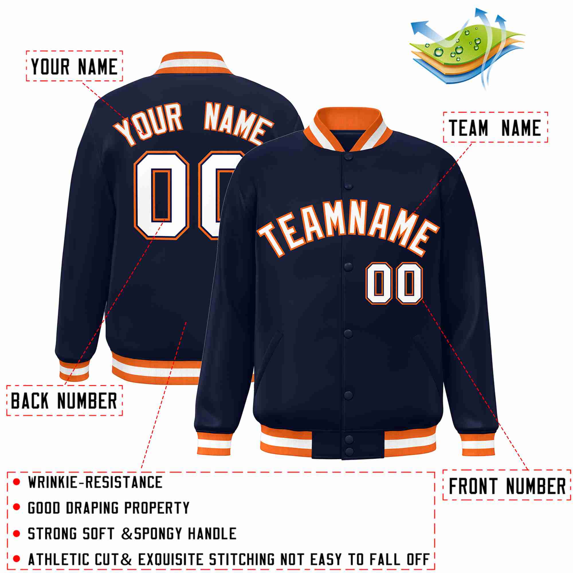 Custom Navy White-Orange Classic Style Varsity Full-Snap Letterman Jacket