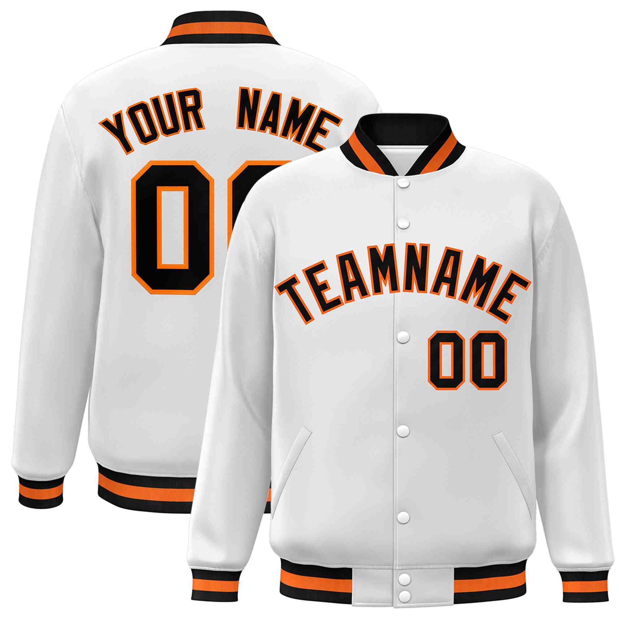 Custom White Black-Orange Classic Style Varsity Full-Snap Letterman Jacket