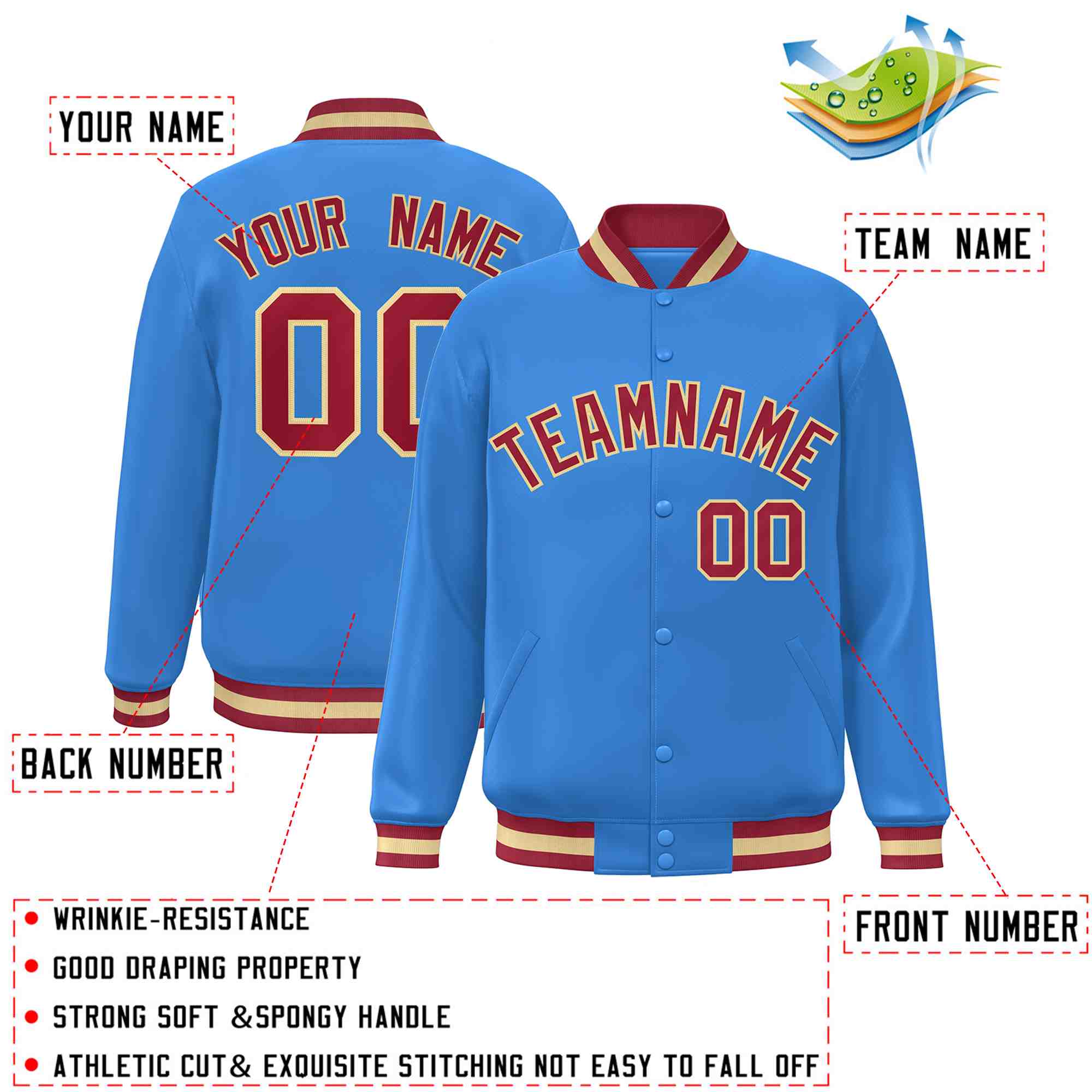 Custom Powder Blue Crimson-Khaki Classic Style Varsity Full-Snap Letterman Jacket