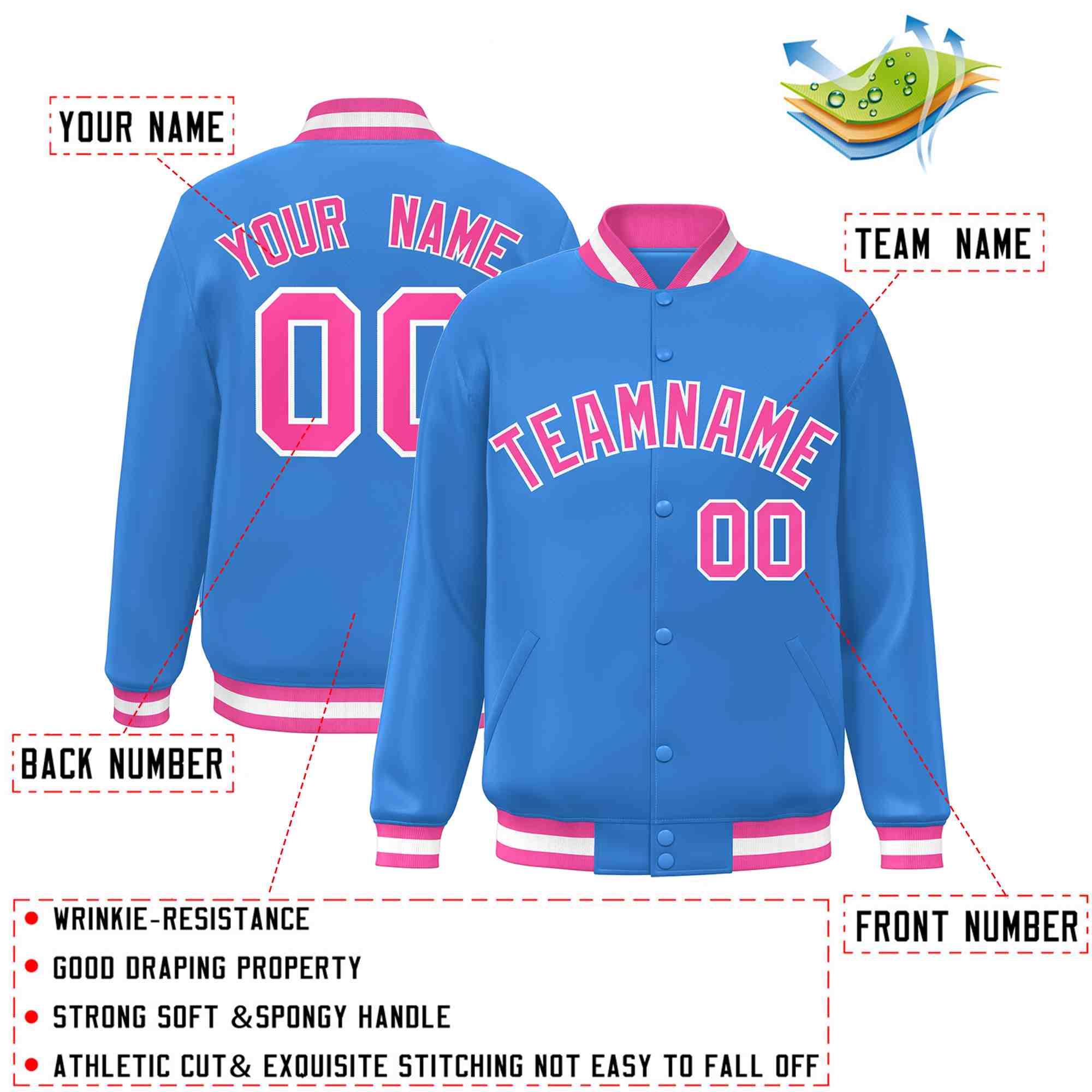 Custom Powder Blue Pink-White Classic Style Varsity Full-Snap Letterman Jacket