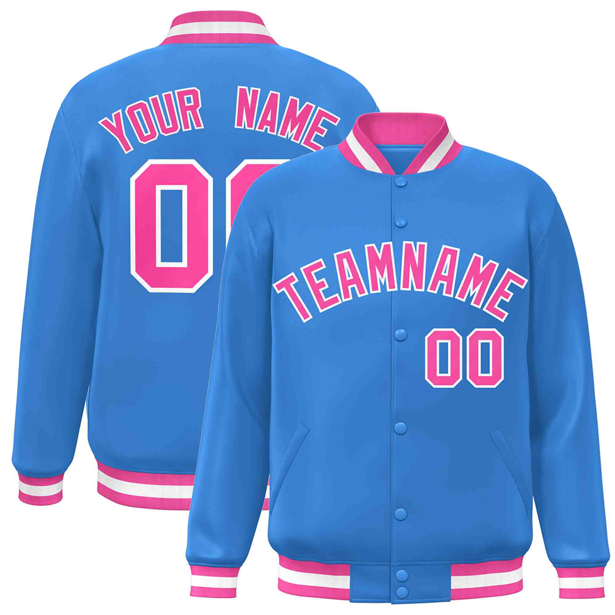 Custom Powder Blue Pink-White Classic Style Varsity Full-Snap Letterman Jacket