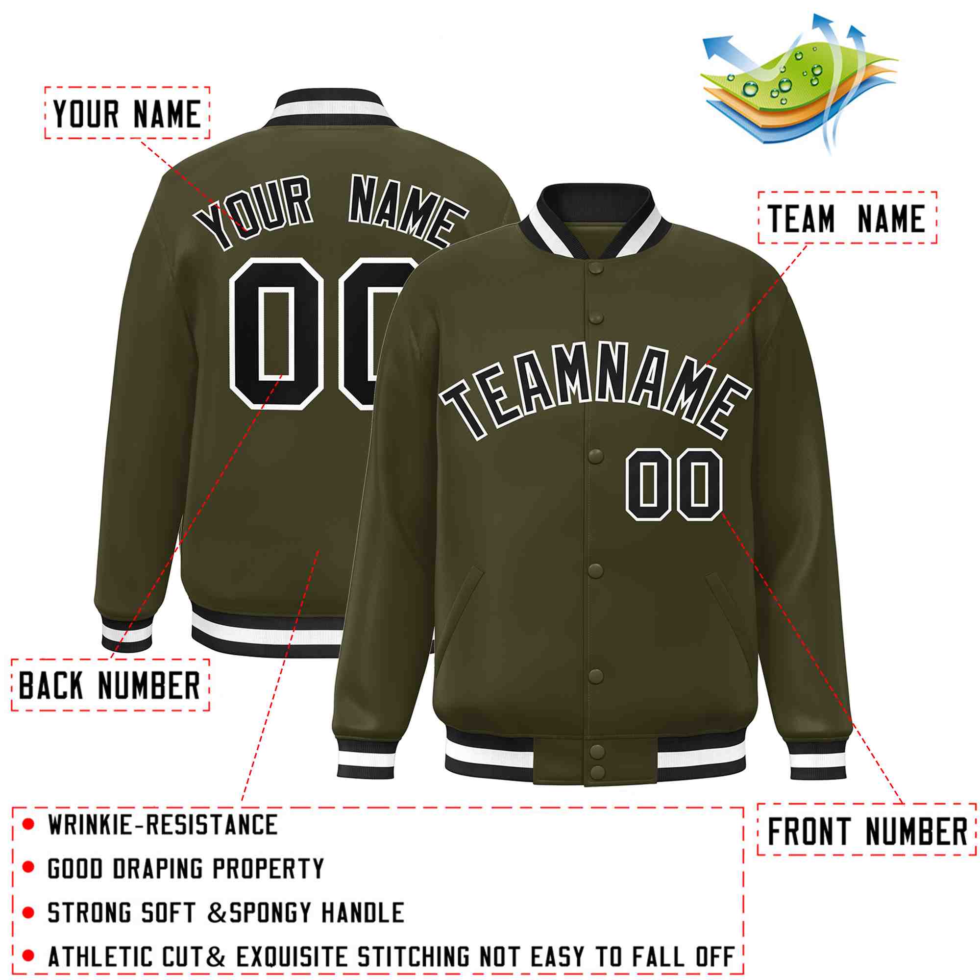 Custom Olive Black-White Classic Style Varsity Full-Snap Letterman Jacket