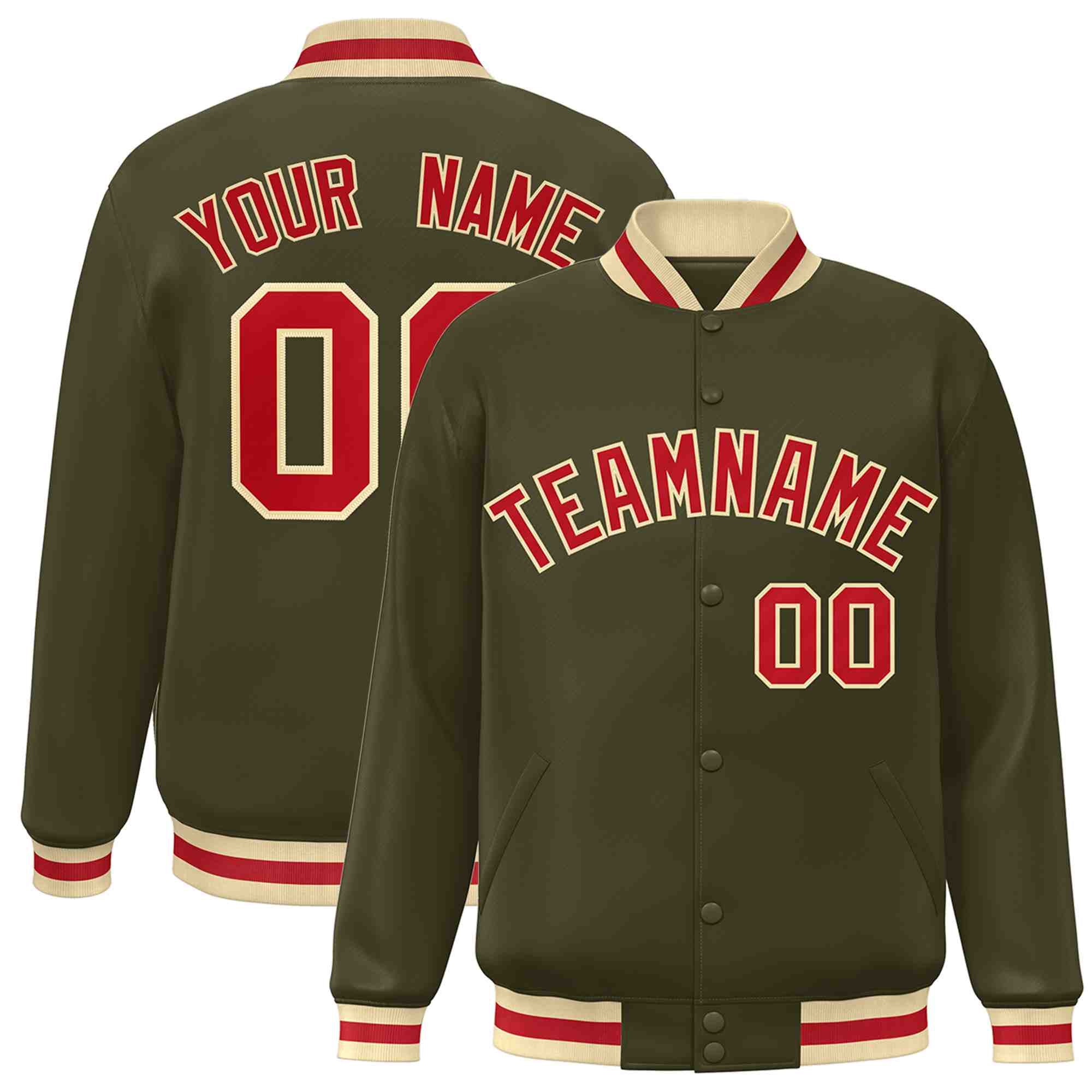 Custom Olive Red-Khaki Classic Style Varsity Full-Snap Letterman Jacket