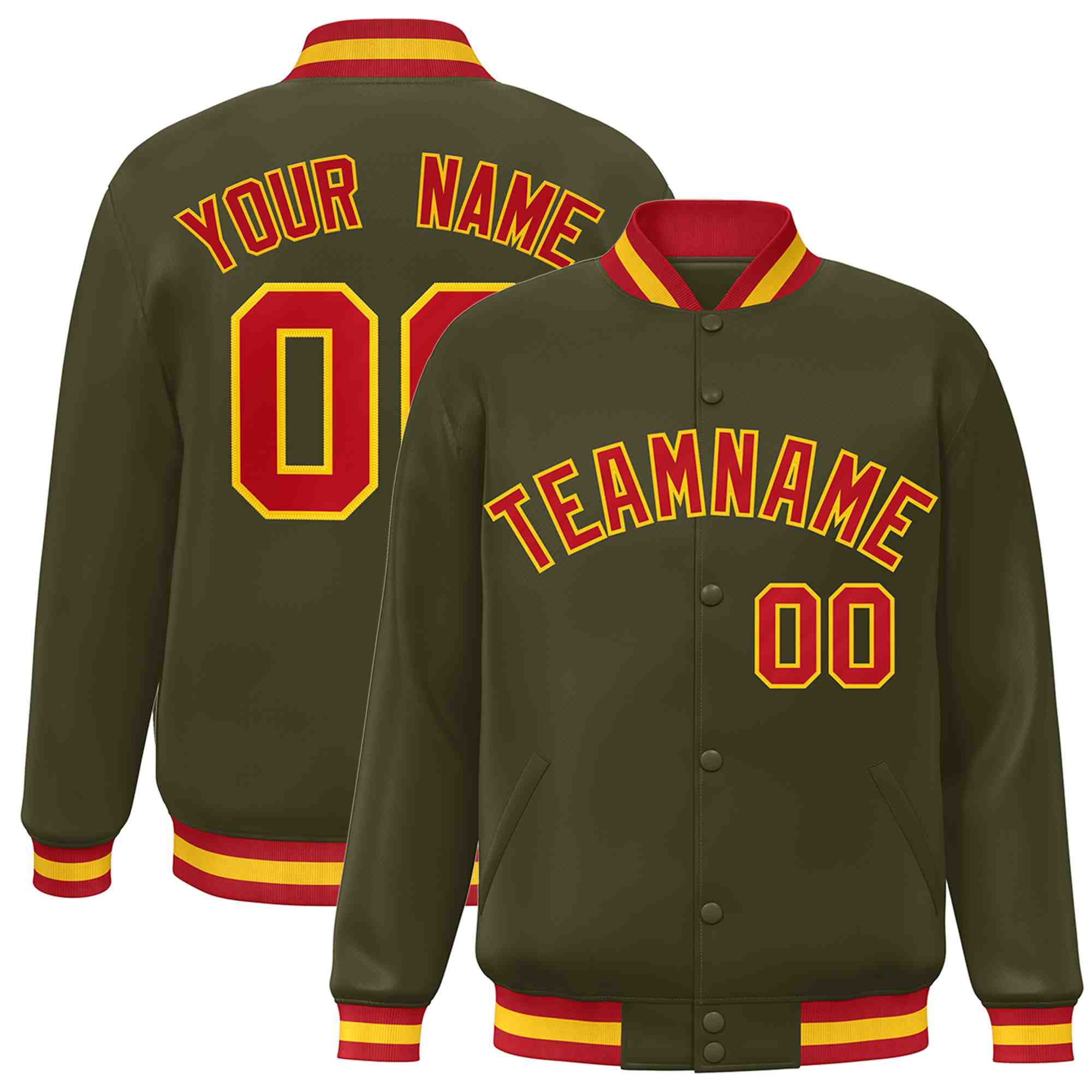 Custom Olive Red-Gold Classic Style Varsity Full-Snap Letterman Jacket