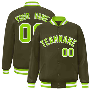 Custom Olive Neon Green-White Classic Style Varsity Full-Snap Letterman Jacket