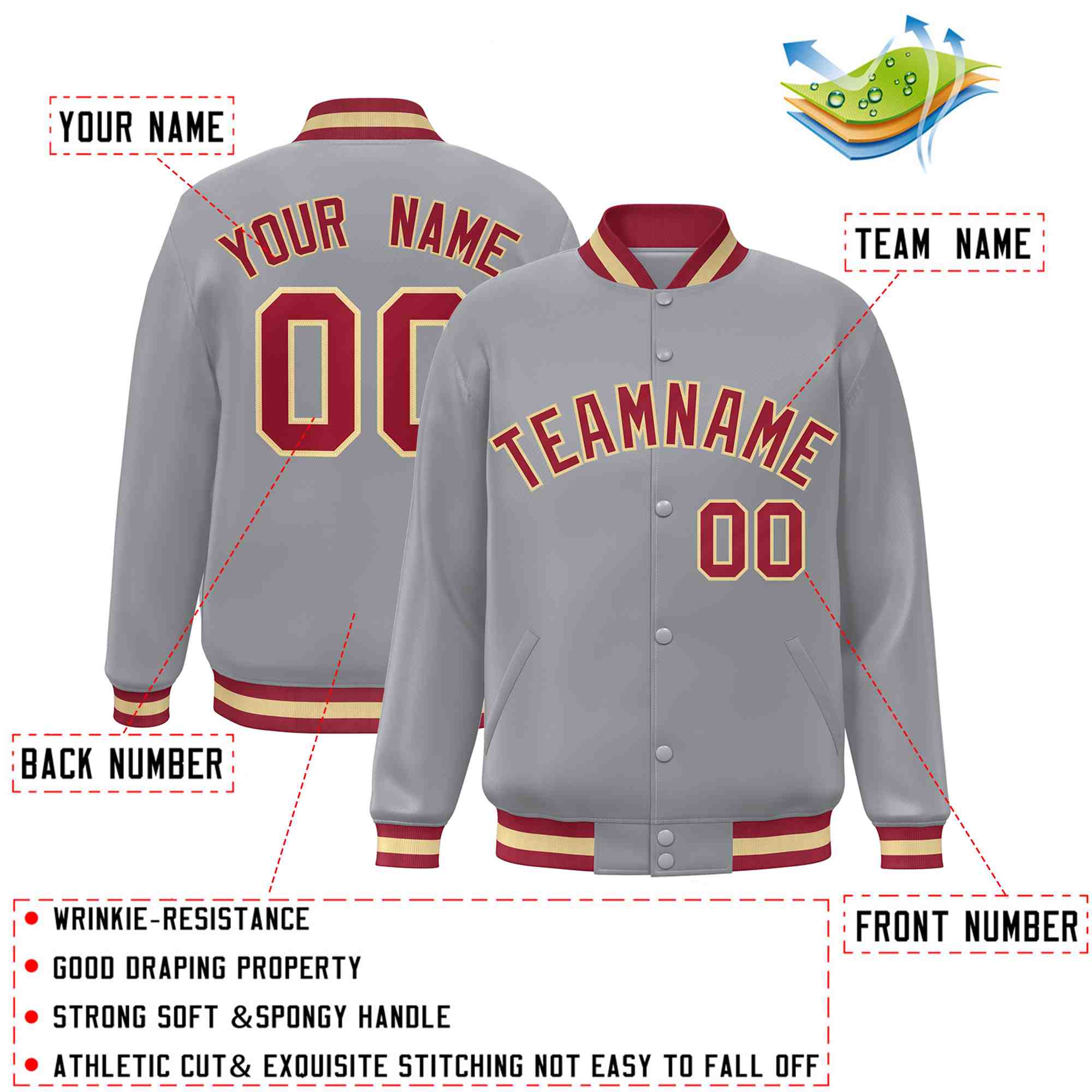 Custom Gray Crimson-Khaki Classic Style Varsity Full-Snap Letterman Jacket