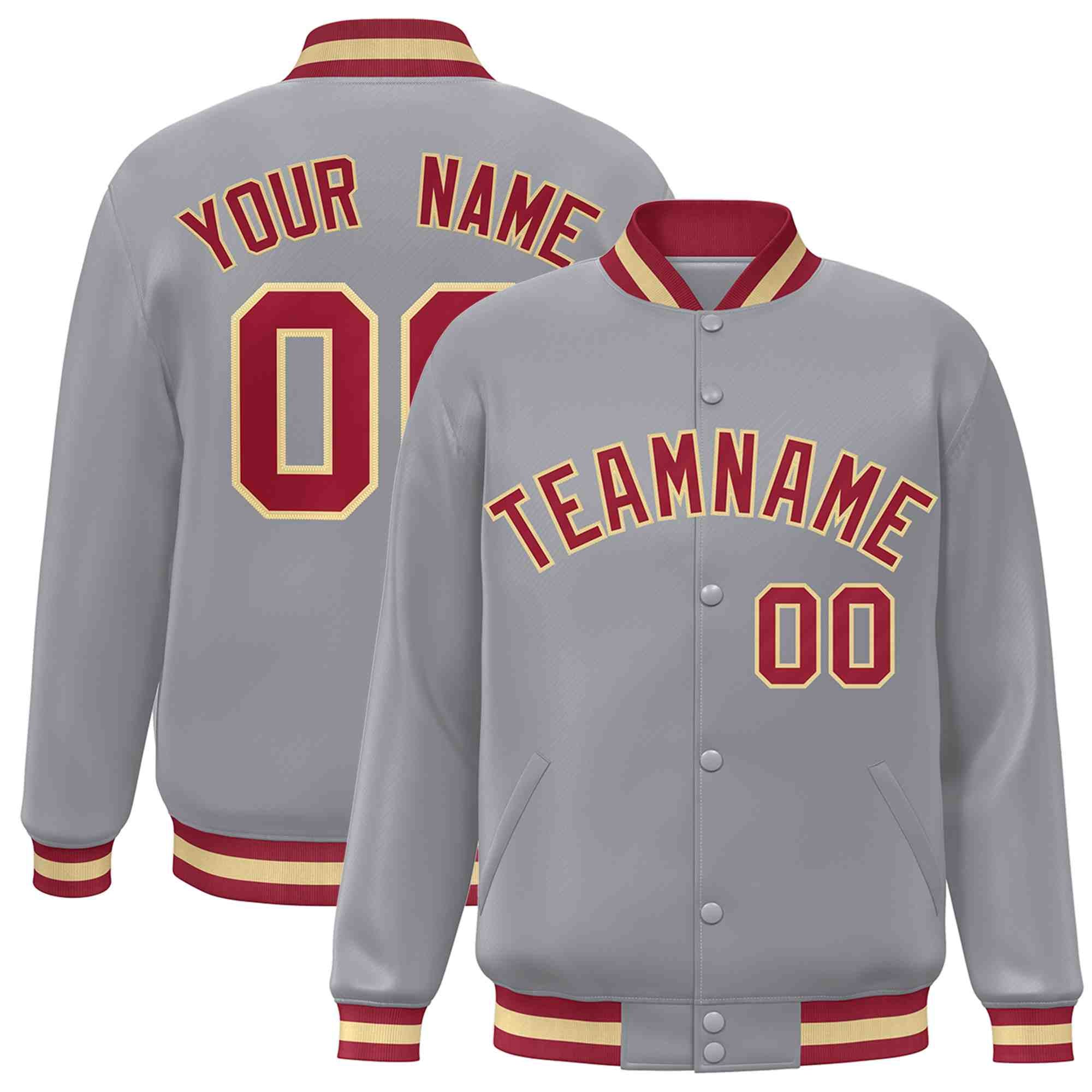 Custom Gray Crimson-Khaki Classic Style Varsity Full-Snap Letterman Jacket