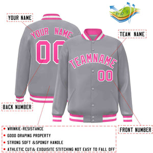 Custom Gray Pink-White Classic Style Varsity Full-Snap Letterman Jacket